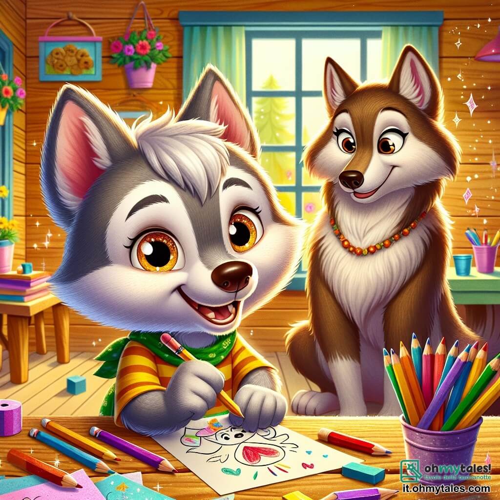 Un piccolo lupo dai peli grigio-argentati, con occhi scintillanti di malizia e un grande sorriso gioioso, è seduto a un tavolo di legno rustico, circondato da carta colorata e matite. Sta disegnando biglietti per la festa della mamma, con brillantini che volano intorno a lui, mostrando il suo entusiasmo creativo. Accanto a lui, la sua mamma, una bella lupa dal pelo morbido e marrone, lo guarda con tenerezza e divertimento, i suoi occhi brillano di orgoglio. Tiene un biglietto tra le zampe anteriori, ammirando il disegno del suo piccolo lupo. La scena si svolge in una cucina accogliente, con pareti in legno chiaro, finestre che lasciano entrare la luce del sole e vasi di fiori colorati sul davanzale. Biscotti dorati sono posati sul tavolo, aggiungendo un tocco goloso all'atmosfera. Lupotto, il piccolo lupo, sta preparando una sorpresa per la festa della mamma, circondato da colori vivaci e risate, creando un momento magico e gioioso.