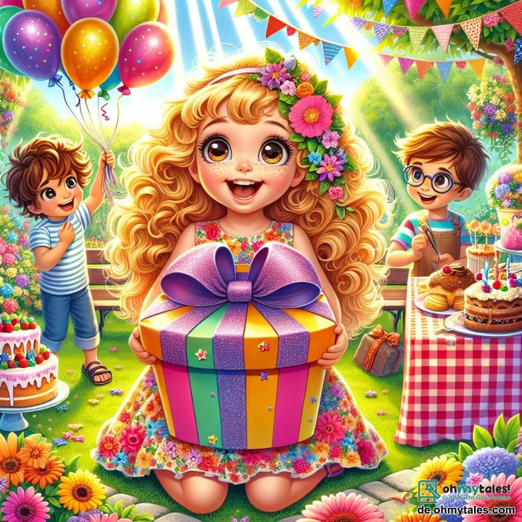 Ein 9-jähriges Mädchen, Leni, mit großen neugierigen Augen und lockigem, goldenem Haar, lächelt fröhlich, während sie ein riesiges, buntes Geschenk mit glitzernden Bändern hält. Sie trägt ein hellblumiges Kleid und Sandalen. An ihrer Seite sind ihre Freunde: Max, ein 10-jähriger Junge mit zerzausten braunen Haaren und einem gestreiften T-Shirt, der bunte Ballons hält und herzlich lacht; Mia, ein 9-jähriges Mädchen mit Zöpfen und einem rosa Kleid, die gerade Blumenketten auf einen Tisch hängt; und Ben, ein 9-jähriger Junge mit Brille und einem schelmischen Lächeln, der auf einem karierten Tischdecken Kuchen vorbereitet. Der Ort ist ein blühender Garten, gefüllt mit bunten Blumen, grünen Bäumen und einem großen Tisch, der mit Süßigkeiten dekoriert ist. Die Szene strahlt eine fröhliche und festliche Atmosphäre aus, mit Sonnenstrahlen, die alles erhellen. Die Hauptsituation zeigt Leni und ihre Freunde, die eine Überraschung zum Muttertag vorbereiten, mit Lachen und Freude, während sie sich darauf vorbereiten, ihrer Mutter die Überraschung zu enthüllen.