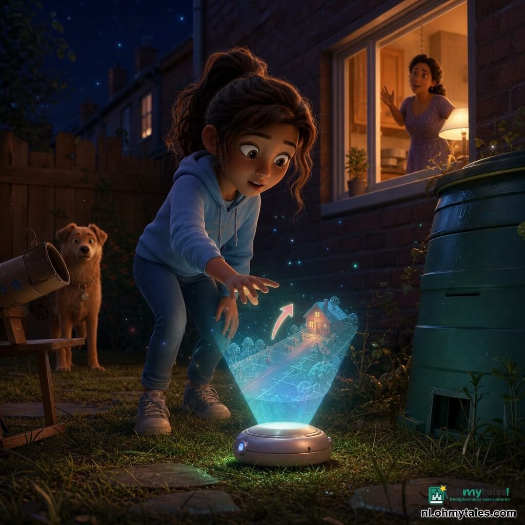 Het hoofdmeisje van 12 jaar, nieuwsgierig en licht bevend met kastanjebruin paardenstaart, staat tussen huis en compostbak op een lichtvochtig gazon en reikt naar een parelglanzend rond apparaat dat zacht pulseert en wisselende perzik-, munt- en ijsblauwe gloed uitstraalt en een holografische straatkaart met een pijl naar haar huis projecteert; de moeder van ongeveer 35 staat binnen achter het verlichte keukvenster en roept terwijl ze een lamp aandoet, een middelgrote lichtbruine hond kijkt vanaf de schutting toe, en de nachtelijke tuin met groen kunststof compostbak, een oude kartonnen telescoop op een houten stoel, stoeptegels en een verlicht raam in een rood stenen huis ademt een stille, magische sfeer met warm-koude contrasten.