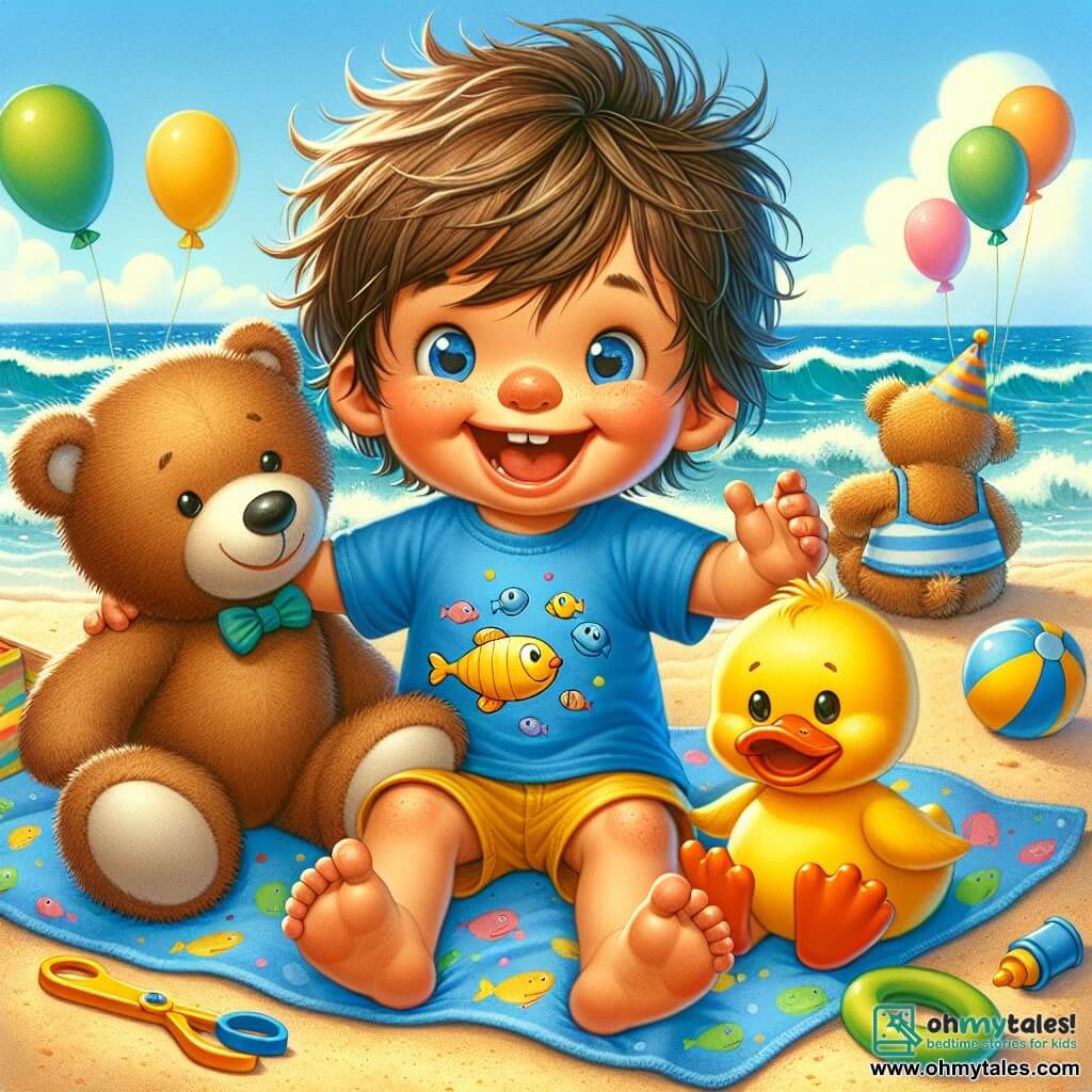 A 2-year-old boy named Max, with messy brown hair and a big joyful smile, is sitting on a colorful blanket on the sand. He is wearing a blue t-shirt with fish designs and yellow shorts. Max is laughing with his arms raised, surrounded by his friends. Next to him is a teddy bear named Teddy, with brown fur and shiny eyes, sitting on a corner of the blanket holding a small party hat. A bright yellow plastic duck named Quack is next to Max, looking curiously at the sand. The scene takes place on a sunny beach, with turquoise waves gently crashing on the shore. The sky is clear with a few white clouds, and colorful balloons float in the distance. Max is celebrating his birthday with friends, building a big sandcastle, laughing and having fun in the sun.