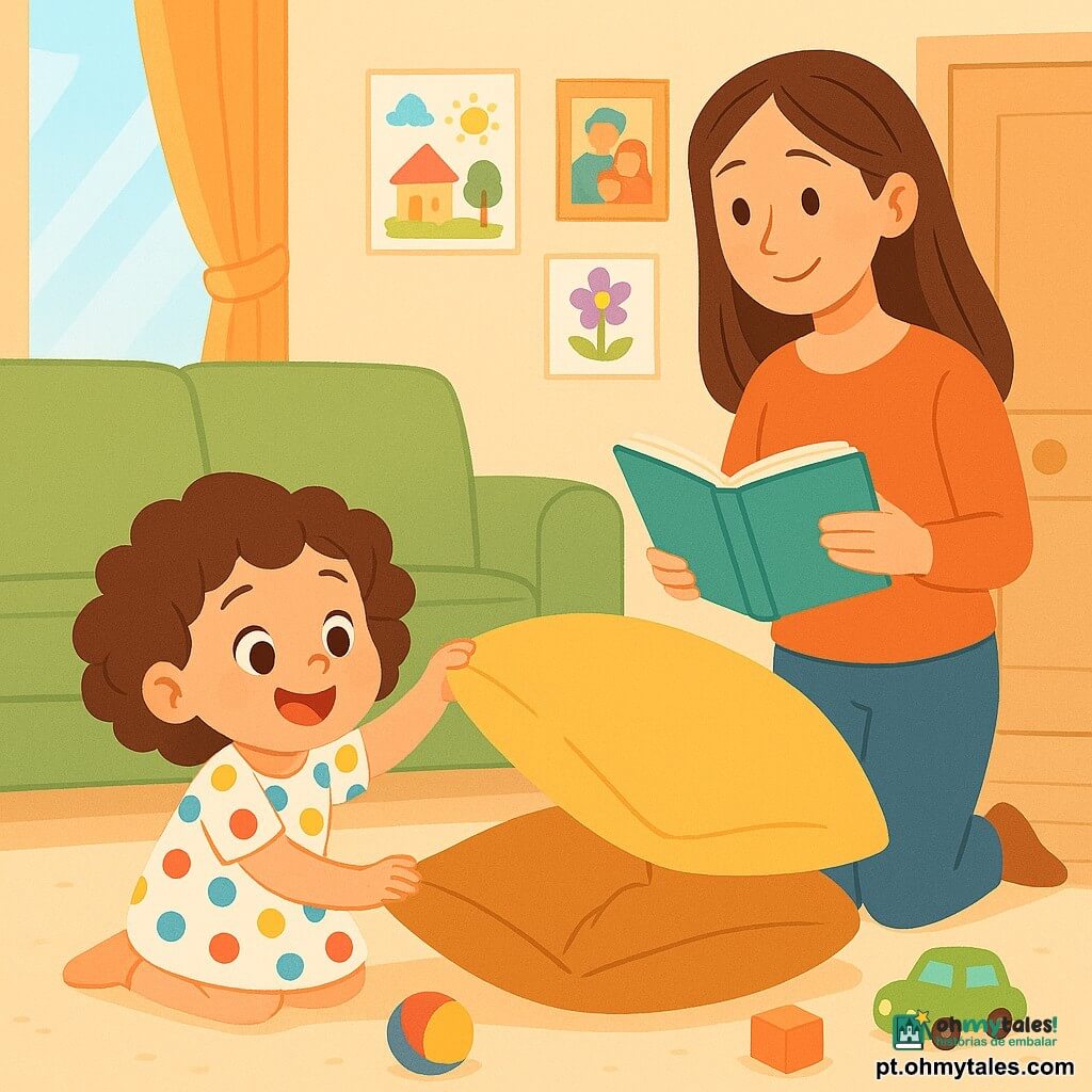 Uma menina de 2 anos, com cabelos cacheados e olhos curiosos, está de joelhos no chão. Ela usa um vestido de bolinhas coloridas e um grande sorriso no rosto. Ela levanta uma almofada grande para procurar seu ursinho de pelúcia. Ao lado dela, sua mãe, uma mulher na casa dos trinta anos, com cabelos longos e lisos, sorri carinhosamente enquanto segura um livro nas mãos. Ela está perto da porta, observando sua filha com carinho. A cena ocorre em uma sala de estar iluminada, com um grande sofá macio, brinquedos espalhados pelo tapete e raios de sol entrando pelas janelas. Ao fundo, uma parede é decorada com desenhos de crianças e fotos de família. A situação principal mostra a menina investigando, procurando seu ursinho de pelúcia desaparecido sob as almofadas do sofá, com uma expressão determinada e divertida no rosto.