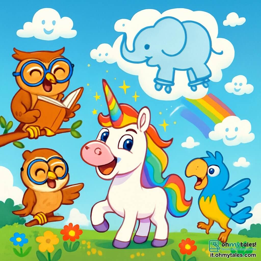 Un unicorno dai crini arcobaleno, chiamato Ricciolo, si trova felice al centro della scena, con un grande sorriso splendente e occhi scintillanti di eccitazione. La sua corna brillante, a spirale, emette bagliori di luce multicolore. Alla sua destra, un pappagallo colorato di nome Piumino, con piume blu vivo e giallo brillante, danza allegramente su una zampa, mostrando un'espressione giocosa e divertita. A sinistra, un gufo con occhiali giganti, Gufetto, è appollaiato su un ramo, ridendo a crepapelle con occhi rotondi e curiosi, tenendo un libro aperto. Lo sfondo è un magnifico campo di fiori multicolori, punteggiato da nuvole a forma di animali buffi, sotto un cielo blu splendente con un arcobaleno brillante sullo sfondo. La scena principale mostra Ricciolo che usa la sua corna magica per creare una nuvola a forma di elefante con i pattini, che fa piroette nel cielo, mentre tutti i personaggi ridono e applaudono, pieni di gioia e meraviglia.