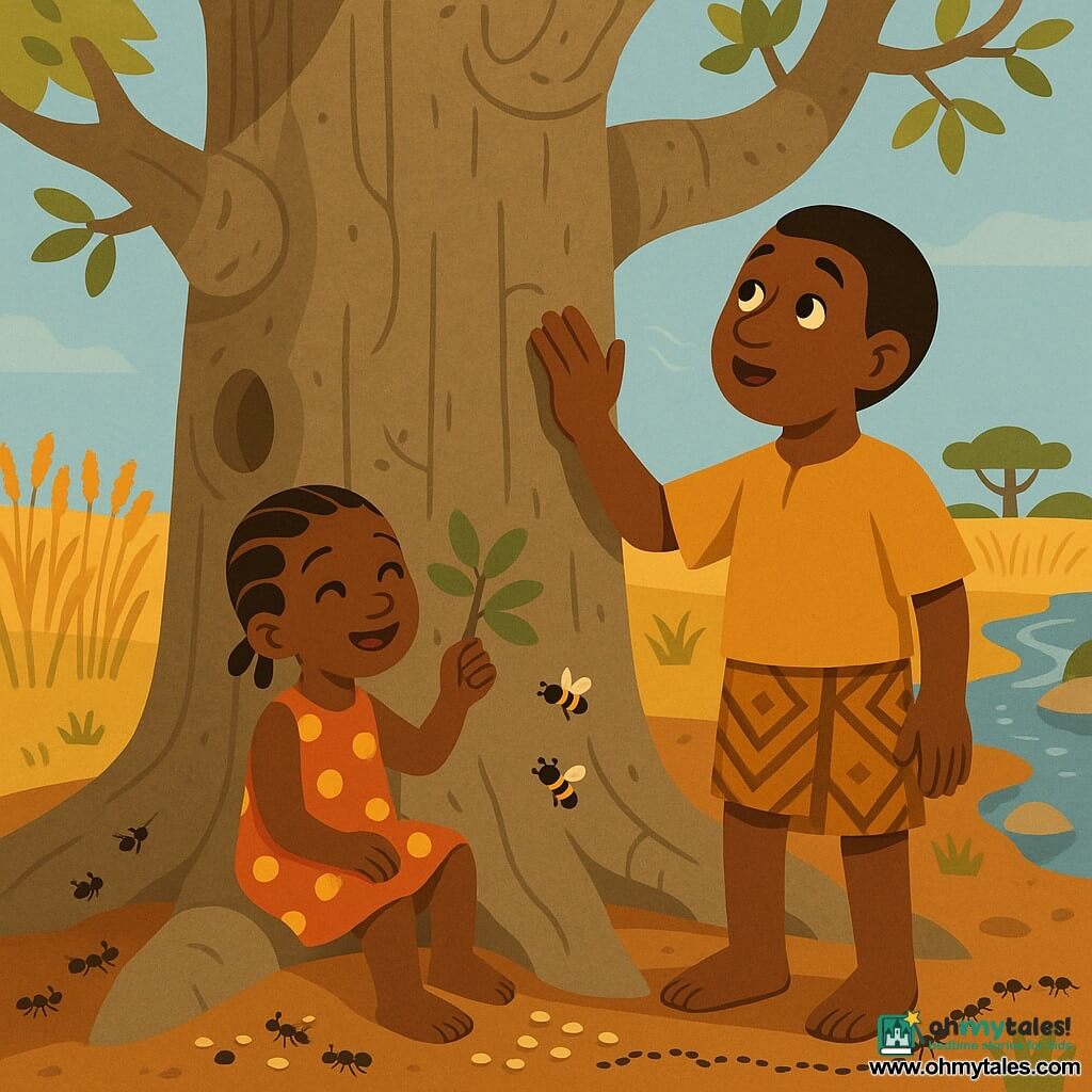 A man named Kofi with a round face and gentle smile, warm brown skin and short black hair, wearing an ochre tunic and patterned wrap, rests his right hand on the rough trunk of a large baobab and listens to the wind with an attentive expression; to his left sits his about six-year-old sister with short braided hair in a red dress with yellow dots smiling at the leaves, while a line of bees and a colony of small black ants bustle at the tree base carrying millet, the massive baobab with textured gray-brown bark and thick arm-like branches stands at the center, behind it golden millet fields ripple under a pale blue sky and a sparkling stream winds to the right over smooth stones, the scene calm and warm with earthy ochre, brown, green and gold tones, simple shapes, clear contrasts, and a composition focused on Kofi’s contact with the tree and a mood of listening and discovery.