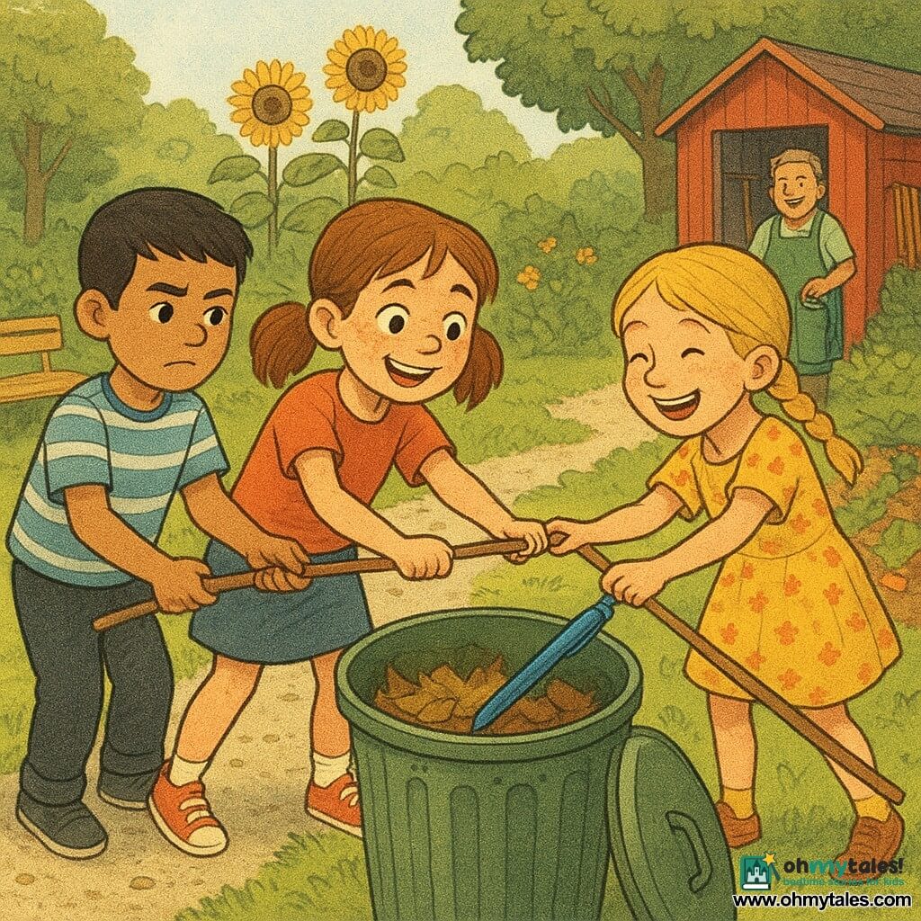 An enthusiastic, focused 8-year-old girl with a smiling freckled face and light brown pigtails stands on tiptoe reaching for a blue pen at the bottom of a large green metal trash can while a serious, slightly hesitant 8-year-old boy, Sam, in a striped shirt and short black hair holds a long branch to slide the pen toward her from the left and a cheerful 8-year-old girl, Lily, in a yellow floral dress with braided blonde hair steadies the branch from the right; in the sunny community garden behind them Mr. Green, about 60, wearing a green apron and holding a watering can, watches from a gravel path near raised carrot beds, tall sunflowers, a varnished wooden bench and a small red shed, as the children laugh in collaborative triumph; warm natural tones, bright blue pen, soft contrasts and slightly grainy textures.