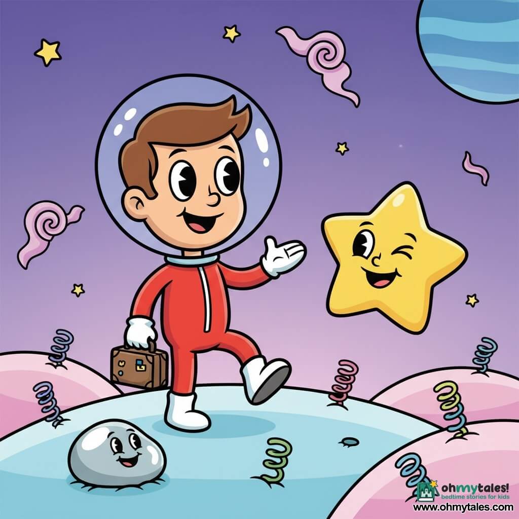 A smiling, delighted man with short brown hair and bright round eyes wears a small red spacesuit with white gloves, holds a small suitcase and greets while stepping onto a pastel planet; a round joyful yellow anthropomorphic star floats to his right winking and a smooth silver pebble to his left seems to laugh. The soft surface has rounded pink and blue hills and spring-like colorful plants under a violet gradient sky with twinkling stars, curled clouds and a large blue planet on the horizon. Warm, playful scene in thick lines, rounded shapes, saturated colors, smooth textures, soft lighting and simple contrasts.