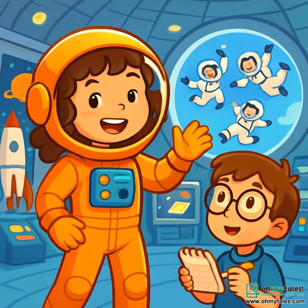 A young girl, Zara, is at the center of the image, wearing a bright orange spacesuit, with an excited smile on her face. Her curly hair floats slightly around her, and she is waving with one hand as if greeting a friend. Next to her, a 7-year-old boy, Sam, wearing round glasses, holds a small notebook. He looks at Zara with wide eyes of curiosity and admiration. The setting is inside the Space Training Center, a large silver dome filled with rocket models, colorful space displays, and a huge window offering a view of a bright blue sky. Futuristic equipment and bright screens add a dynamic touch to the background. Zara and Sam are visiting the zero-gravity simulator, where training astronauts joyfully float in the air, performing acrobatics. The atmosphere is filled with joy and wonder, capturing the spirit of adventure and discovery in this magical place.