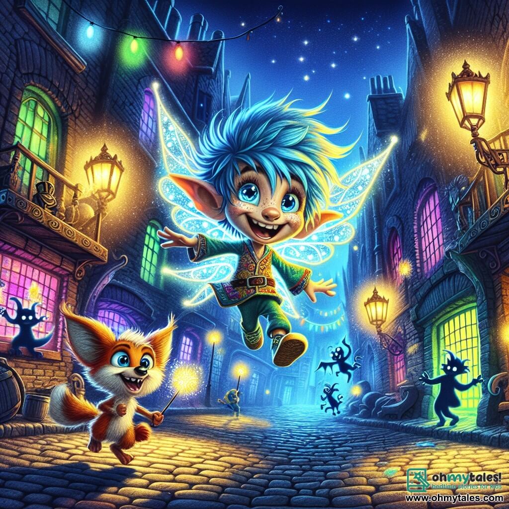 Zippy, a sprite with electric blue hair and bright lamp-like eyes, joyfully flies through a bustling alley in the city of Luminara, wearing a colorful tunic and sparkling magical wings. Beside him, Flicker, a half-fox half-dragon creature with shimmering scales and a bushy tail, leaps enthusiastically, his eyes sparkling with mischief and determination, ready to assist Zippy in their mission. The background features a cobblestone alley lined with old brick buildings, where colorful neon lights illuminate the walls, creating a vibrant and mysterious atmosphere. Shadows dance on the walls, suggesting the presence of mischievous goblins hiding. The main scene shows Zippy and Flicker united, ready to confront the troublesome imps while magic sparkles around them, creating an ambiance of adventure and friendship in this fantastical city.