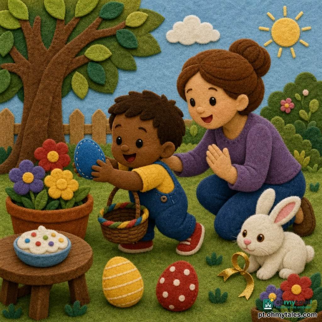 Um menino de 2 anos, rosto redondo e bochechas cheias, cabelo castanho curto, expressão alegre, segura uma pequena cestinha de vime colorida e estende as duas mãos para um ovo pintado de azul; a mãe, cerca de 30 anos, cabelo castanho preso em coque, sorriso suave, está agachada ao lado dele com a mão no ombro e aplaude; um coelhinho branco de olhos avelã e focinho rosa está perto de um canteiro de flores e larga uma fitinha dourada; o jardim é luminoso com relva verde, flores vermelhas e amarelas estilizadas, uma grande árvore de tronco castanho e uma mesinha de madeira com um pote de cobertura; sobre a relva há três grandes ovos de feltro — azul liso, amarelo às riscas e vermelho com bolinhas brancas — e a cena, sob luz matinal quente, mostra o menino encontrando um ovo perto de um vaso, mãe ao lado e coelho ao fundo, em estilo gráfico de cores vivas, contornos simples e texturas de feltro.