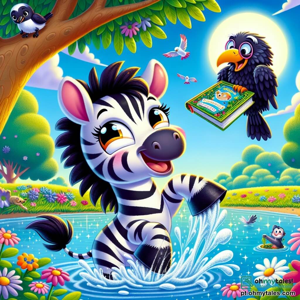 Uma pequena zebra alegre chamada Leonor, com listras pretas e brancas brilhantes, está à beira de um lago, respingada de água, com um grande sorriso no rosto. Seus olhos brilham de felicidade e excitação enquanto segura um livro flutuante com suas patas dianteiras. Ao lado dela, um velho corvo sábio, o Sr. Edgar, com penas pretas brilhantes e óculos redondos, observa Leonor com admiração. Ele está empoleirado em um galho de árvore, com as asas levemente abertas, e sua expressão é cheia de orgulho. Ao fundo, uma grande árvore frondosa com ramos extensos oferece sombra, enquanto flores coloridas margeiam o lago cintilante. O céu é de um azul intenso, salpicado de nuvens brancas fofas. A cena mostra Leonor, cheia de alegria, saindo da água com o livro do Sr. Edgar, celebrando seu ato heroico com seus amigos ao redor, todos rindo e aplaudindo.