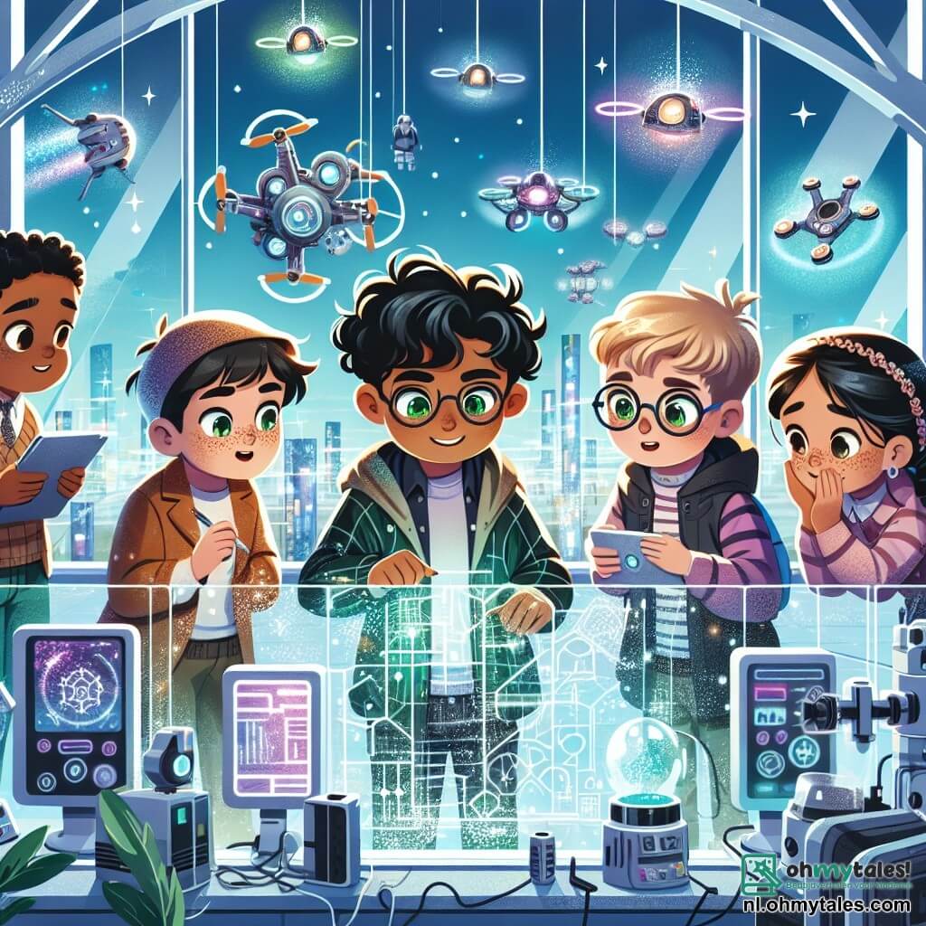 In een futuristisch laboratorium staan vier vrienden samen, omringd door glinsterende machines en kleurrijke hologrammen. Kiran, een 11-jarig meisje met krullend zwart haar en sprankelende groene ogen, staat in het midden en houdt enthousiast een plan van hun project vast. Rechts van hem kijkt Jip, een 10-jarige jongen met blond haar en ronde brillen, nieuwsgierig naar een helder scherm. Links noteert Noor, een 11-jarig meisje met gevlochten bruin haar en een ondeugende glimlach, op een tablet. Tot slot leunt Sam, een 10-jarige jongen met rood haar en sproeten, verwonderd over een complexe machine. Het laboratorium is gevuld met geavanceerde technologie, met glazen muren die een futuristische stad op de achtergrond onthullen, waar drones vliegen en glinsterende gebouwen naar de lucht rijzen. Groene planten klimmen langs de muren en voegen een vleugje natuur toe aan deze hightech omgeving. De kinderen werken samen aan hun revolutionaire project, vastbesloten om de mysterieuze "Nexus Energie" te activeren die hun stad kan transformeren. Ze delen enthousiast ideeën en zijn bereid om alle uitdagingen te overwinnen om hun droom te verwezenlijken.