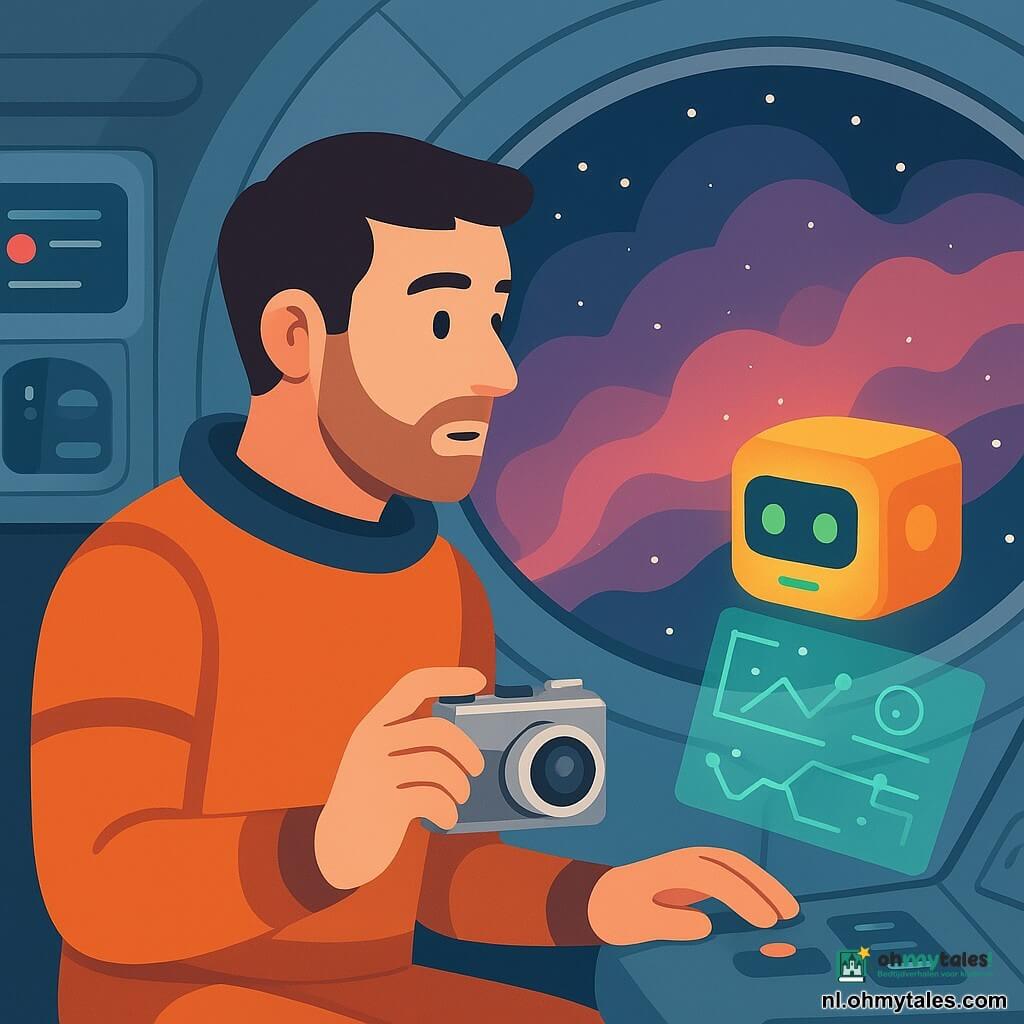 Een mannelijke ruimteontdekker van rond de dertig, rond gezicht met lichte baard, geconcentreerd en verwonderd, houdt een kleine zilveren camera en kijkt door het raampje van de cockpit terwijl hij zacht op een knop drukt; rechts van hem zweeft een compact, lichtgevend AI-robotje, gepolijste kubus met oranje gloed en kleine groene lampjes, dat doorschijnende holografische schema's projecteert; geen andere menselijke hoofdpersonen; achtergrond: interieur van een ruimteschipcockpit met gladde metalen wanden, kleurrijke schermen met eenvoudige iconen, opgeborgen kabels, gewatteerde stoel en groot raam waarachter een roze-paars gelaagde nevel en een rij kleine sterren te zien zijn die als lampjes langs een boog oplichten; het schip komt uit een oud ruimtekanaal; stille maar lichte sfeer, scherpe contrasten, zachte schaduwen, licht pastelpalet met nachtblauw en oranje; platte stijl, eenvoudige geometrische vormen, nette contouren, minimale texturen, compositie gecentreerd op de man en het raam, zachte avontuurlijke sfeer