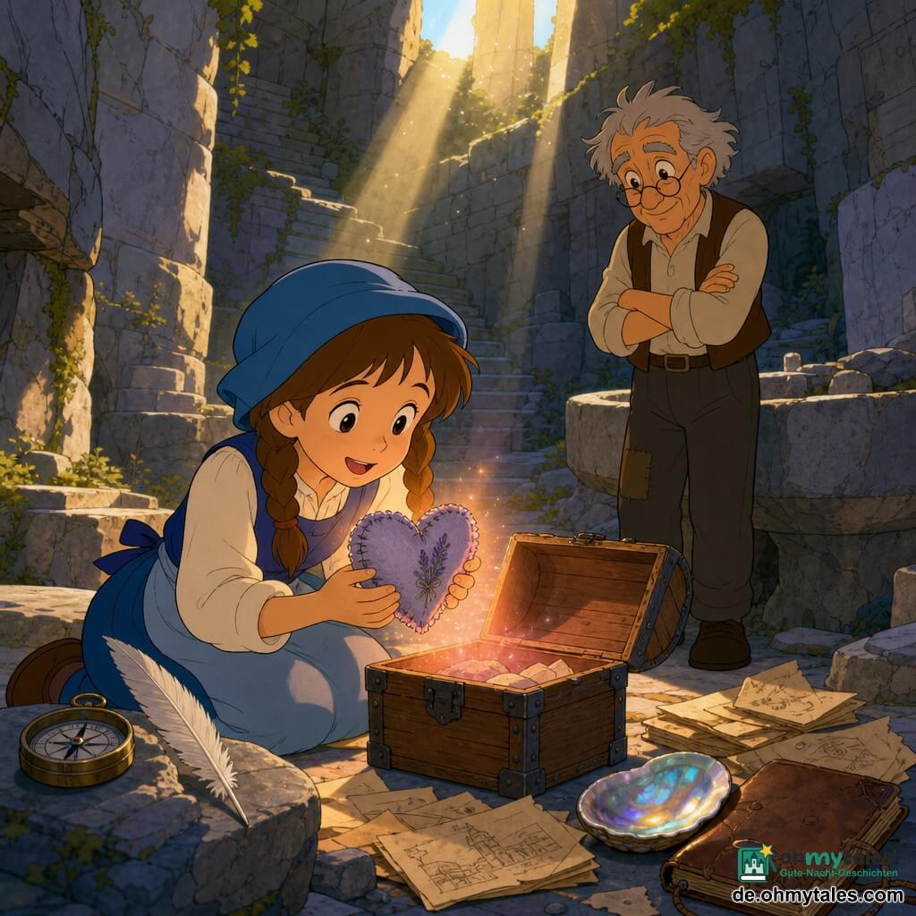 Die Protagonistin ist ein 10-jähriges Mädchen mit rundem Gesicht, blauem Mütze, zwei braunen Zöpfen, neugierigem Blick und erstaunter Lächeln, kniend vor einer kleinen offenen Holzkiste und ein abgenutztes, lavendelduftendes Stoffherz haltend; eine Nebenfigur ist ein etwa 60-jähriger schlanker Mann mit runden Brillen und zerzausten grauen Haaren, hinter ihr am Rand eines steinernen Beckens stehend, die Hände verschränkt, sanft und stolz beobachtend; links liegen ein kleiner Metallzirkel und eine weiße Feder auf einem Stein, rechts glänzen Papierstücke, eine irisierende Muschel und ein abgenutztes Notizbuch; der Ort ist ein alter Steinbruch mit hohen grauen Wänden, zugeschnittenen Treppen und moosbedeckten rauen Steinen, durch die goldene Sonnenstrahlen und funkelnder Staub dringen; die Szene zeigt die Holzkiste, die eine warm orange-rosa Leuchtkraft ausstrahlt, verstreute Papiere und Zeichnungen und vermittelt eine intime, magische Entdeckungsstimmung in einer kräftigen, kontrastreichen Farbpalette im Stil von Zeichentrickserien der 90er Jahre.