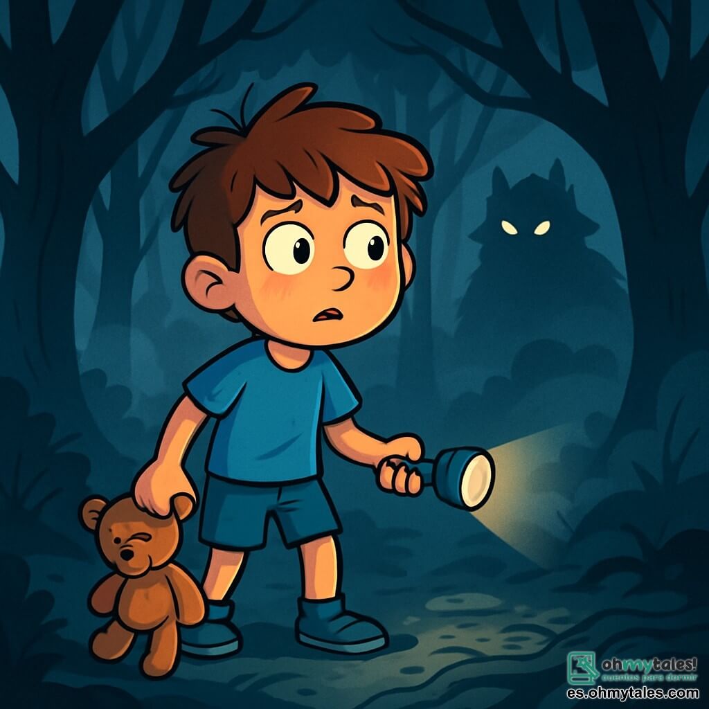 Un niño de 10 años, Julián, se encuentra al borde de un misterioso bosque, con los ojos brillantes de curiosidad y miedo. Tiene el cabello castaño desordenado, una camiseta azul y un pantalón corto de mezclilla, sosteniendo firmemente un oso de peluche desgastado en una mano y una pequeña linterna en la otra. A pocos pasos detrás de él, una silueta borrosa, la sombra de una criatura misteriosa, parece observarlo, con ojos centelleantes y una forma indistinta, creando una atmósfera de suspenso. El lugar es un bosque oscuro y denso, donde árboles torcidos de troncos negros se elevan hacia el cielo, sus ramas entrelazadas formando un techo de follaje denso. La luz de la luna filtra a través de la niebla, creando sombras danzantes en el suelo cubierto de hojas húmedas y raíces nudosas. La situación principal muestra a Julián, dudando, listo para entrar en el bosque, con el corazón acelerado, mientras la niebla se espesa a su alrededor, como si el bosque mismo lo invitara a descubrir sus secretos.