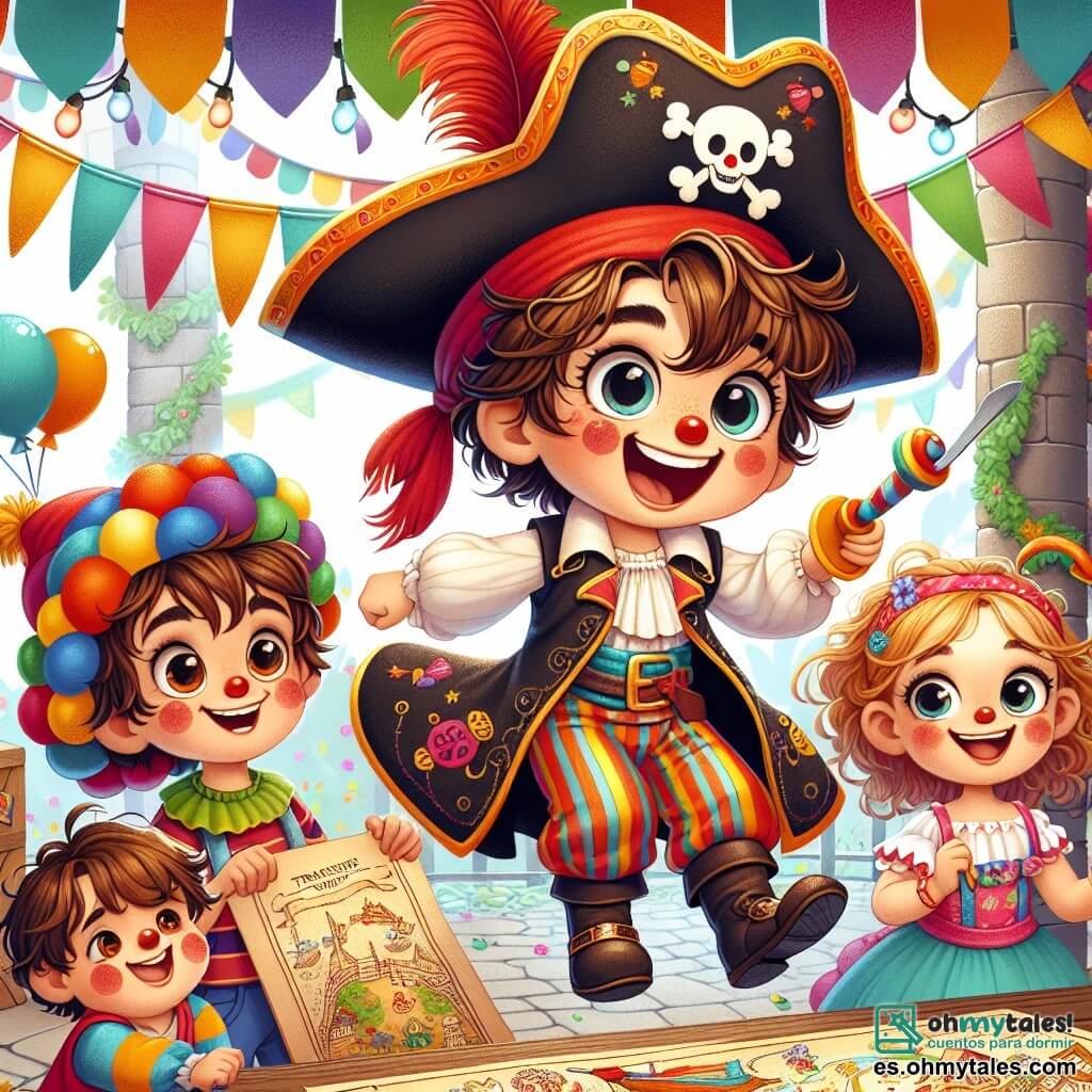 Un niño de 4 años, Lucas, con cabello castaño desordenado y ojos brillantes de alegría, lleva un colorido disfraz de pirata con un gran sombrero negro adornado con una pluma roja. Salta de felicidad, sosteniendo un mapa del tesoro en una mano y una espada de cartón en la otra, con una gran sonrisa en su rostro. A su lado, Leo, un niño de 5 años, está disfrazado de payaso con una nariz roja y cabello rizado multicolor. Hace una mueca divertida, sosteniendo un globo en forma de animal, y se mantiene un poco atrás, riendo del entusiasmo de Lucas. Carla, una niña de 6 años, está pintando un gran mural colorido en un panel de madera. Tiene el cabello largo y rubio trenzado y lleva un vestido con estampados florales. Sonríe mientras mira a Lucas y Leo, animándolos en su búsqueda. La escena se desarrolla en un parque festivo, decorado con guirnaldas de colores vivos, globos flotantes y serpentinas que caen de los árboles. Niños juegan alrededor, y se ven puestos de golosinas en el fondo, añadiendo a la atmósfera alegre del carnaval. Lucas, Leo y Carla están en plena aventura, buscando un tesoro escondido bajo un gran árbol decorado con cintas brillantes, con expresiones de emoción y curiosidad en sus rostros.