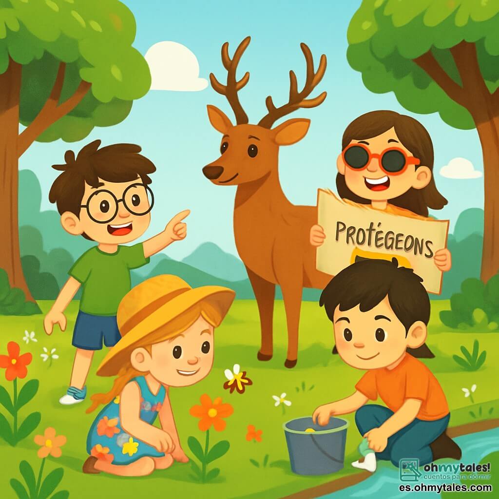 Hay 4 niños: - Leo: un niño de 8 años, con cabello castaño desordenado y gafas redondas. Lleva una camiseta verde y un pantalón corto azul. Está de pie, sonriendo, señalando un ciervo majestuoso cercano. - Ana: una niña de 7 años, con largas trenzas rubias y un sombrero de paja. Lleva un vestido colorido con flores y está agachada, observando una abeja que vuela alrededor de una flor. - Sofía: una niña de 8 años, con cabello castaño y gafas de sol. Lleva una camiseta rosa y pantalones beige. Está de pie, sosteniendo un cartel colorido que dice "¡Protejamos los ciervos!", con una gran sonrisa. - Pablo: un niño de 7 años, con cabello negro y una camiseta naranja. Está sentado cerca de un pequeño arroyo, sosteniendo un balde y recogiendo basura, con una expresión decidida en su rostro. El lugar es un parque natural lleno de árboles majestuosos, flores coloridas y un arroyo cristalino que serpentea por el paisaje. La situación muestra a los niños en acción, cada uno comprometido con una misión de conservación: Leo admira el ciervo, Ana observa las abejas, Sofía sostiene su cartel de concienciación y Pablo recoge basura para proteger el arroyo. La atmósfera es alegre y enérgica, ilustrando su amor por la naturaleza y su deseo de preservarla.