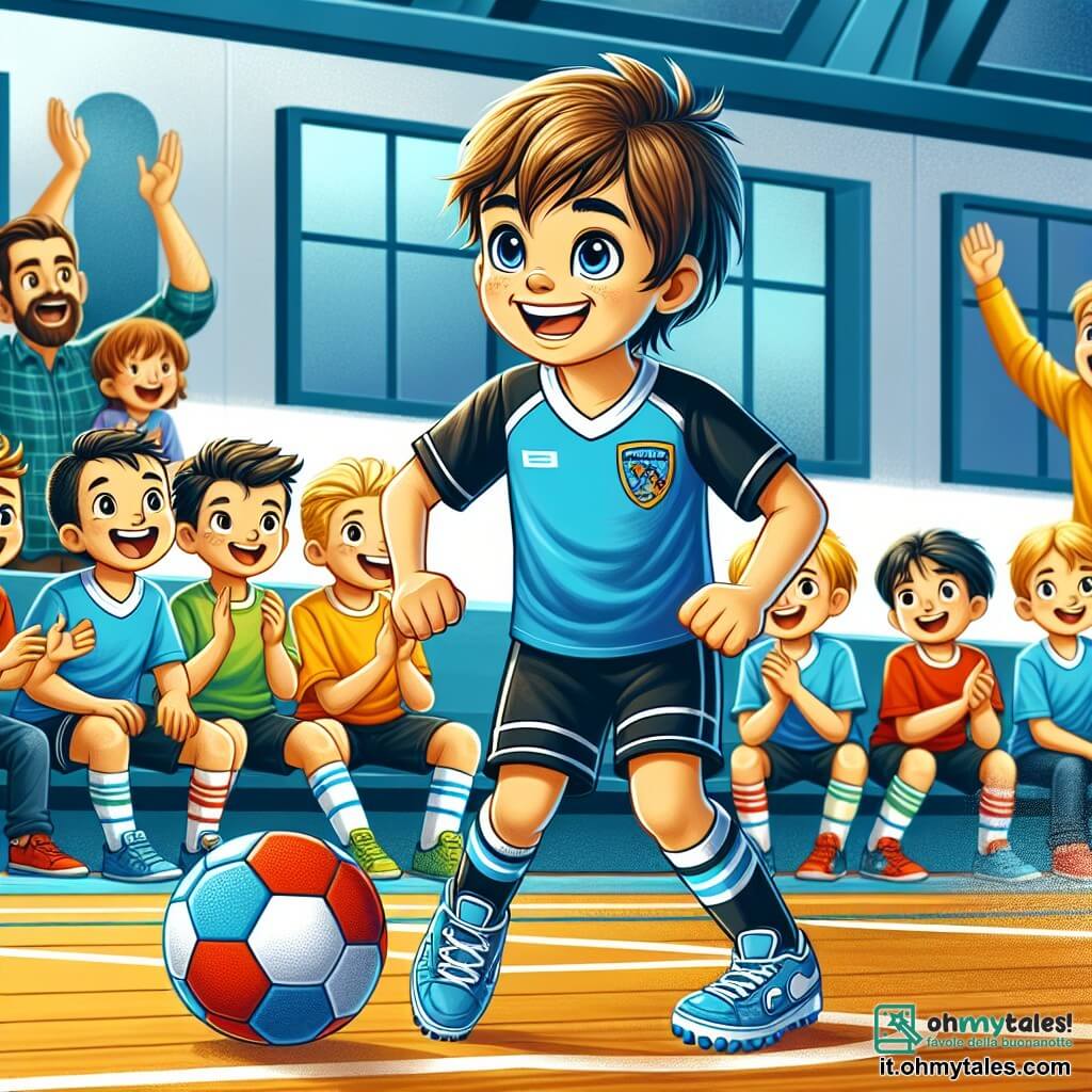Un ragazzo di 10 anni, Davide, con i capelli castani disordinati e un sorriso splendente, sta dribblando una palla da pallamano rossa e blu su un campo sportivo. I suoi occhi brillano di eccitazione e determinazione. Indossa una maglietta blu con il logo della sua squadra, "I Fulmins Blu", e pantaloni corti neri. Accanto a lui, il suo migliore amico, Matteo, anche lui di 10 anni, ha i capelli biondi e indossa una maglietta gialla brillante. Lo incoraggia alzando le braccia, pronto a ricevere la palla. Matteo ha uno sguardo gioioso ed entusiasta, mostrando il suo supporto per l'amico. Il luogo è una palestra luminosa, con muri bianchi e linee di gioco ben tracciate sul pavimento in legno. Gli spettatori, genitori e amici, sono seduti sulle panchine, applaudendo e incoraggiando i giocatori. La scena principale mostra Davide in azione, dribblando con agilità, pronto a tirare in porta, mentre la squadra avversaria, i "Dragons Rouges", si prepara a difendere. L'atmosfera è elettrizzante, piena di energia ed entusiasmo, catturando l'intensità di una partita di pallamano.