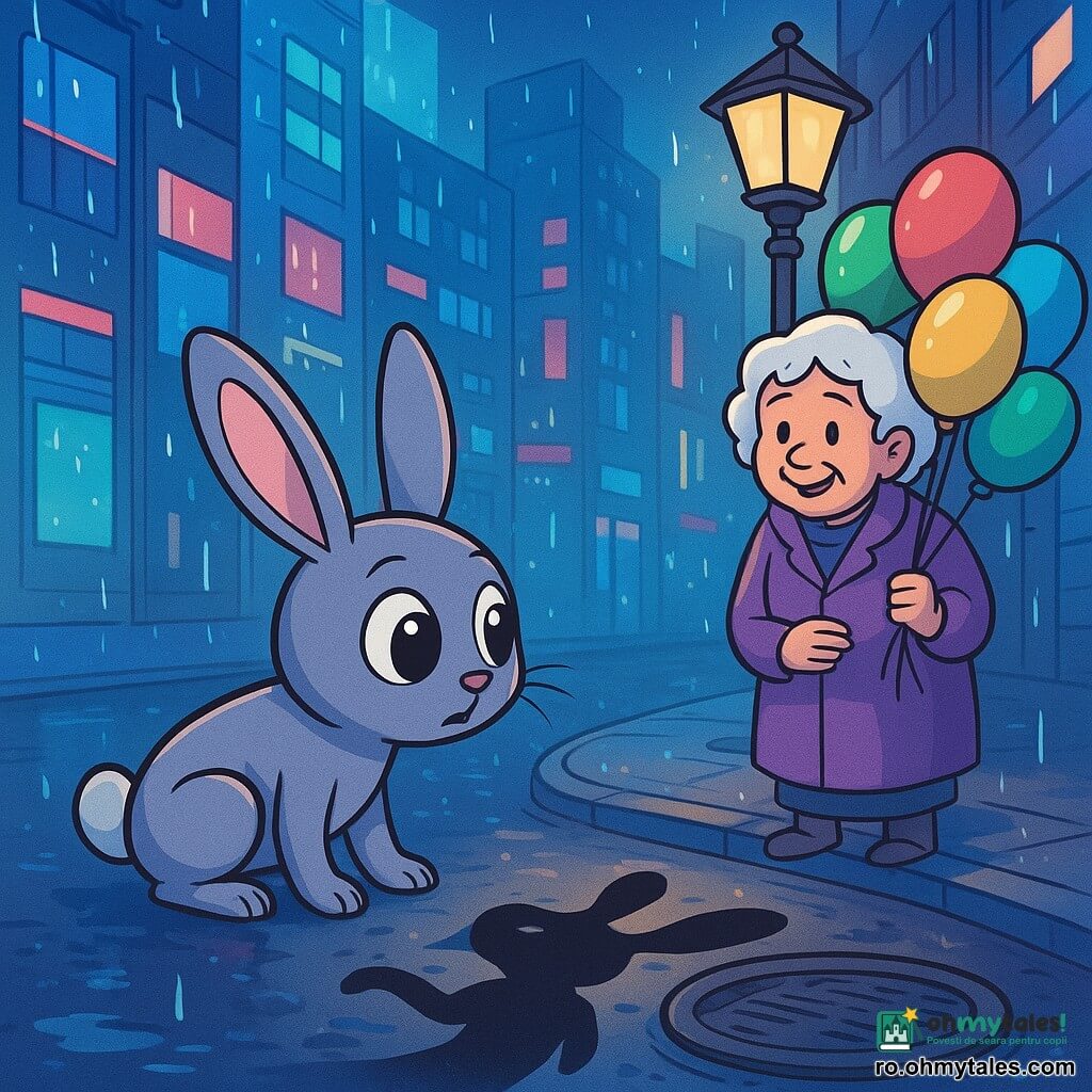 Un iepuraș gri pe nume Luni, cu ochi mari și strălucitori și urechi drepte, privește cu curiozitate o umbră dansatoare sub un vechi felinar. Pare atât de intrigat cât și puțin speriat, cu labele din spate ușor îndoite, ca și cum ar fi gata să sară. Aproape de el, o bătrână cu părul alb și un zâmbet cald, îmbrăcată într-un palton violet, vinde baloane colorate care plutesc ușor în aer. Ea pare veselă și primitoare, observându-l pe Luni cu bunăvoință. Decorul este o stradă urbană animată, cu clădiri de sticlă strălucind sub lumina neonurilor și o ploaie ușoară care creează reflexii pe asfalt. Picături de apă cad de pe acoperișuri, adăugând o notă de magie scenei. Luni, fascinat, se apropie de umbra misterioasă care se răsucește în jurul unui capac de canal, pregătit să descopere secretul pe care îl ascunde această noapte fermecată.