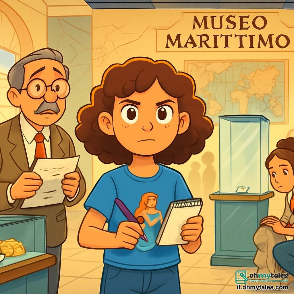Una giovane ragazza, Marta, di 12 anni, si trova al centro della scena, con capelli ricci castani e occhi vivaci, mostrando un'espressione di determinazione e curiosità. Indossa una maglietta blu con un motivo di sirena e un jeans, tenendo un piccolo quaderno in una mano e una penna nell'altra, pronta a risolvere il mistero della perla scomparsa. Accanto a lei, il direttore del museo, il signor Vitale, un uomo di circa 50 anni con occhiali tondi e baffi grigi, guarda intorno a sé con un'espressione di preoccupazione, le mani tremanti che tengono un documento. Più lontano, la restauratrice, la signora Elena, una donna sulla quarantina con capelli castani raccolti in un chignon, è accovacciata vicino a una statua, concentrata sul suo lavoro, ma lanciando sguardi preoccupati verso Marta. La scena si svolge nel hall del Museo Marittimo, uno spazio luminoso con grandi finestre che lasciano entrare la luce del sole, muri decorati con mappe marittime antiche e vetrine di vetro contenenti tesori marini scintillanti. Al centro, una grande vetrina vuota, dove era esposta la famosa Perla di Sirena, attira l'attenzione di tutti. Marta, incuriosita da un piccolo messaggio trovato nella vetrina, si prepara a seguire una pista misteriosa che potrebbe portarla alla perla scomparsa, mentre il caos si diffonde intorno a lei, con visitatori che sussurrano e si interrogano sul furto.