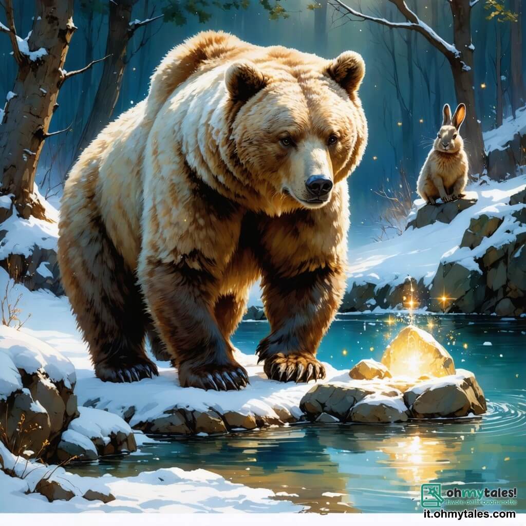 Bruno, un grande orso bruno con un pelo spesso e morbido, si trova al bordo di un laghetto scintillante, i suoi occhi brillano di meraviglia e curiosità. Guarda una pietra magica che emette una luce splendente, con le zampe anteriori tese verso di essa, come se stesse per esprimere un desiderio. Accanto a lui, Lella, una piccola coniglietta dalle grandi orecchie e dal pelo bianco come la neve, salta di gioia, il suo viso radioso di eccitazione. Punta la pietra con un dito, i suoi occhi scintillano di felicità. Sullo sfondo, Tessa, una saggia tartaruga con un guscio decorato di motivi colorati, osserva la scena con un sorriso benevolo, seduta su una pietra piatta, circondata da fiori selvatici che danzano al vento. Il luogo è un magnifico boschetto, immerso in una luce dorata, con alberi maestosi dalle foglie verdi vibranti e un cielo blu chiaro punteggiato di nuvole soffici. Il laghetto, con acque cristalline, riflette i raggi del sole, creando lampi di luce che illuminano l'intera scena. La situazione principale mostra Bruno e Lella, meravigliati dalla pietra magica, pronti a esprimere un desiderio per portare felicità e gioia a tutti gli abitanti del bosco.