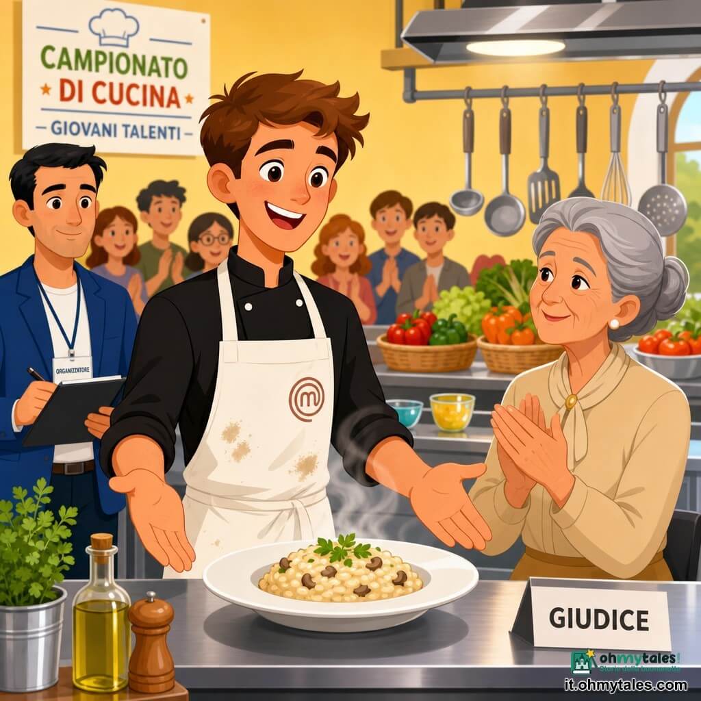Un giovane chef sorridente ed emozionato, capelli castani corti e leggermente infarinato, porge delicatamente un piatto di risotto cremoso fumante ai giudici con postura sicura; a destra una giudice anziana con chignon grigio e camice beige applaude con sguardo benevolo. Sullo sfondo a sinistra un organizzatore adulto con giacca blu e taccuino osserva, mentre la luce illumina una grande cucina da concorso con pareti giallo pallido, piani in acciaio, utensili sospesi e una tavola con ciotole e ceste di verdure; l'atmosfera è gioiosa durante la consegna del piatto.