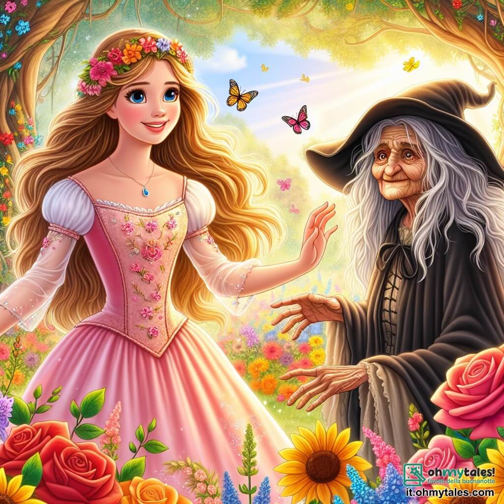 La principessa Clara, una giovane di circa 18 anni con lunghi capelli dorati e occhi pieni di curiosità, si trova nel mezzo di un giardino incantevole, con un sorriso caloroso sul volto. Indossa un leggero vestito di raso rosa, decorato con fiori ricamati, e tende la mano verso una vecchia strega, la Strega Nera, di circa 70 anni, con capelli grigi in disordine e un volto rugoso, ma ora sereno e sorridente. La strega, vestita con un abito nero consumato, sta accanto a Clara, ammirando i fiori colorati che li circondano. Il giardino è un vero quadro di colori, con rose rosse, girasoli gialli e delicate violette, mentre farfalle multicolori volano intorno a loro. Sullo sfondo, alberi maestosi con foglie verdi brillanti creano un'atmosfera magica, e un dolce raggio di sole filtra tra i rami. La scena principale mostra Clara e la Strega Nera che condividono un momento di complicità, Clara spiega alla strega che la bellezza risiede nella gentilezza e nell'amore, mentre la strega ascolta attentamente, un sorriso che nasce sulle sue labbra.