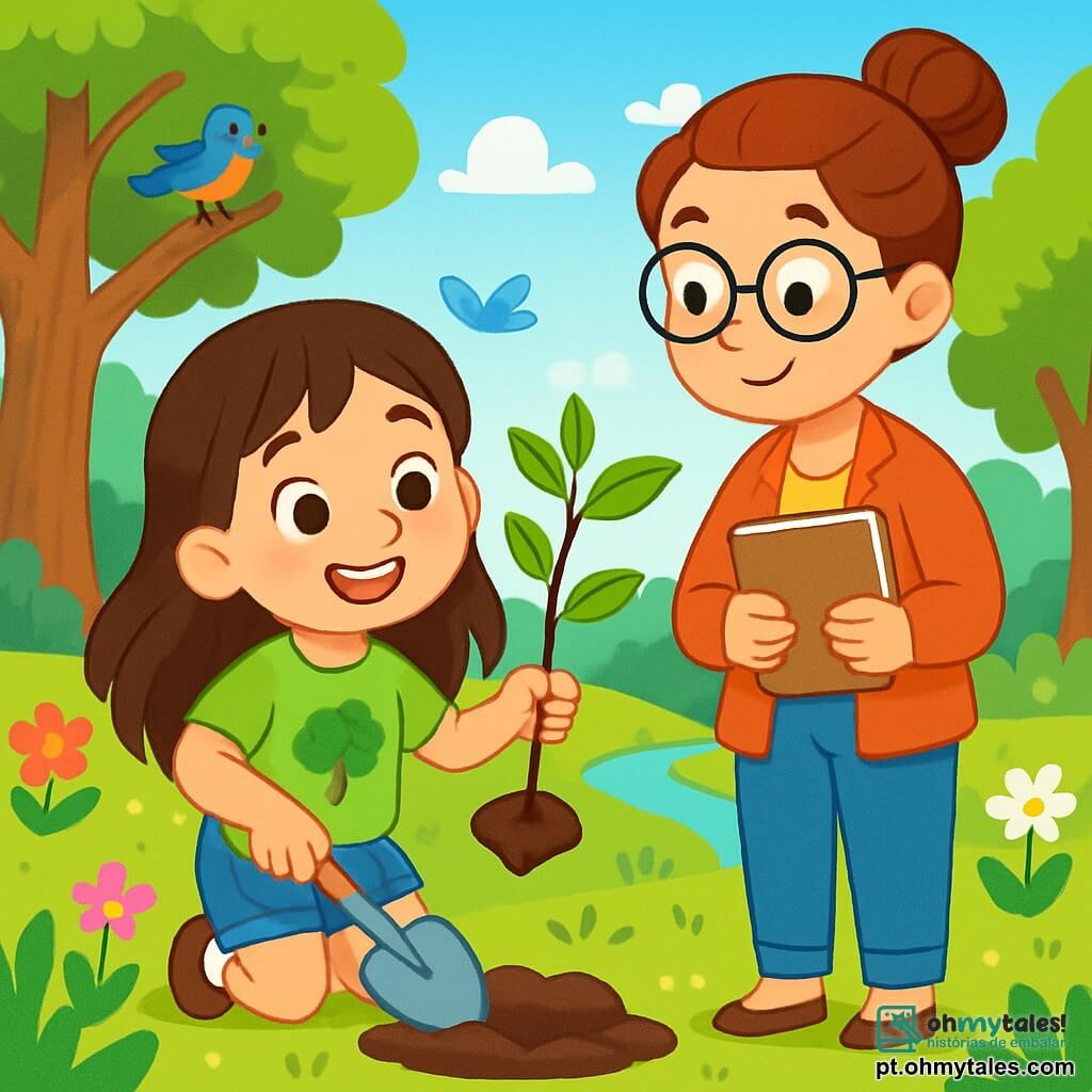 Uma menina de 6 anos, Luísa, com longos cabelos castanhos e olhos brilhantes de curiosidade, sorri alegremente segurando uma pequena pá e uma muda de árvore para plantar. Ela usa uma camiseta verde vibrante com um desenho de uma árvore e um short jeans. Ao lado dela, a professora Clara, uma mulher de cerca de 30 anos, com cabelos castanhos presos em um coque e óculos redondos, observa com orgulho, segurando um caderno nas mãos. O local é um parque natural exuberante, cheio de árvores majestosas, flores coloridas e um céu azul brilhante. A cena principal mostra Luísa e a professora Clara plantando uma muda de árvore juntas, simbolizando seu compromisso em proteger a natureza. Luísa, cheia de entusiasmo, cava o solo com sua pá, enquanto a professora Clara lhe ensina como plantar a árvore, criando um momento de aprendizado alegre e inspirador.