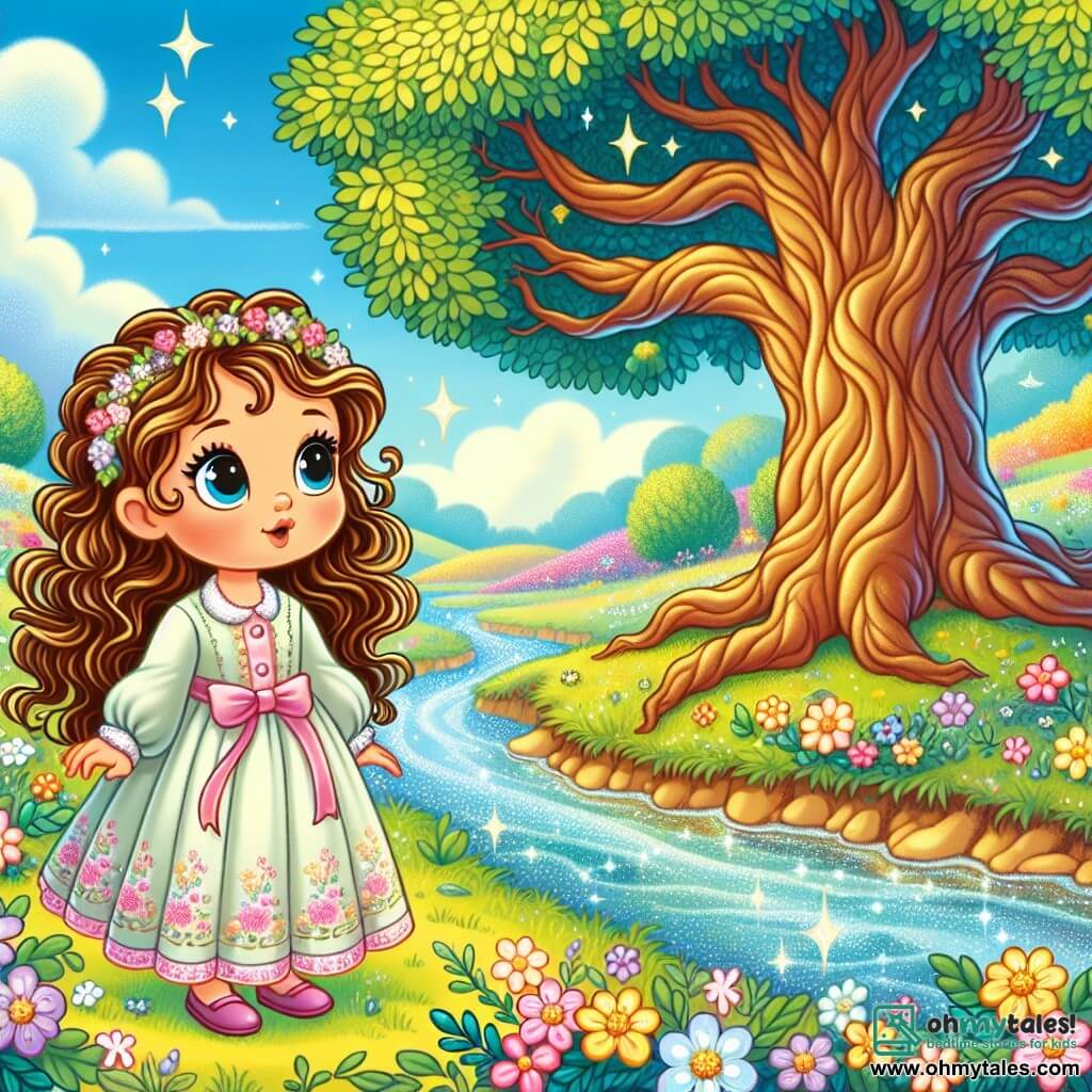 A 3-year-old girl named Luna, with big bright eyes and curly chestnut hair, stands by a sparkling stream, a look of wonder on her face. She wears a light dress in pastel colors, adorned with floral patterns. Next to her, a majestic old oak tree with a wide trunk and lush green leaves seems to speak to her, its branches extending like welcoming arms. The setting is an enchanting landscape where the stream winds through a colorful valley filled with vibrant flowers under a blue sky dotted with fluffy clouds. Luna listens attentively to the whispers of the stream, fascinated by the stories it tells, while the wise and protective oak watches over her, creating a magical and curious atmosphere.
