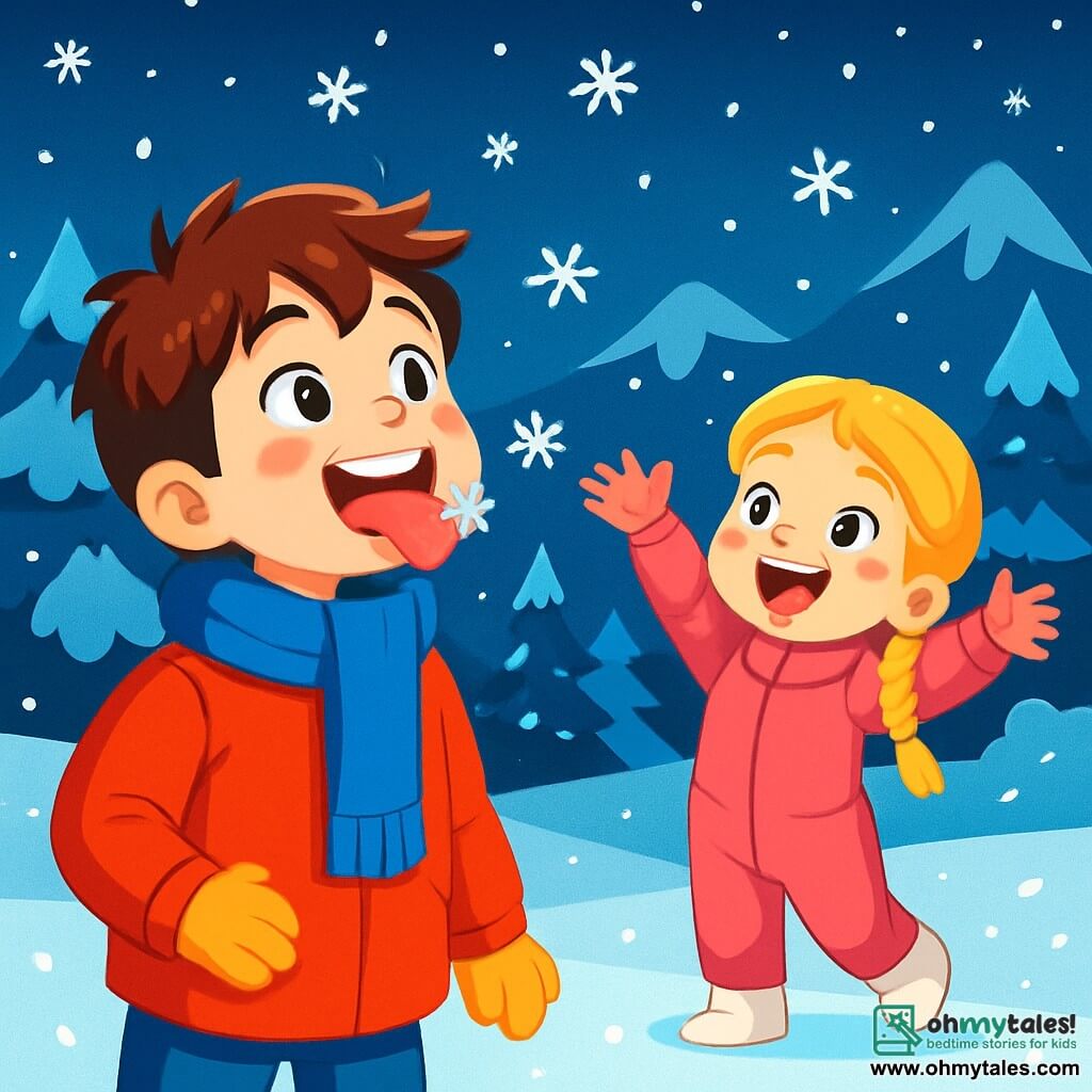 An 8-year-old boy, Tommy, with messy brown hair and rosy cheeks, smiles in wonder as he catches a snowflake on his tongue. He wears a bright red coat, a blue scarf, and yellow gloves, standing in the sparkling snow. Next to him, his 5-year-old sister Lily, with braided blonde hair and sparkling eyes, laughs while raising her arms to catch snowflakes. She is dressed in a pink snow suit with white boots. In the background, a snowy mountain landscape stretches as far as the eye can see, with snow-laden fir trees and a night sky filled with bright stars. The scene captures the magical moment when the children make wishes while catching snowflakes, surrounded by the beauty of a fairy-tale winter.