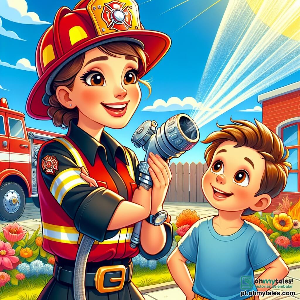 Uma jovem, Sofia, está no centro da imagem, vestida com um uniforme vermelho vivo de bombeiro, com um capacete brilhante na cabeça. Seu rosto irradia determinação e alegria, seus olhos brilham de orgulho enquanto ela mostra uma grande mangueira a um menino. Ao seu lado, Tomás, um menino de seis anos com cabelos castanhos e olhos arregalados, admira a mangueira com um sorriso maravilhado. Ele usa uma camiseta azul e um short amarelo, se equilibrando na ponta dos pés para ver melhor. A cena ocorre no jardim ensolarado do quartel dos bombeiros, cercado por flores coloridas e um grande caminhão vermelho brilhante ao fundo. O céu é de um azul vibrante, com algumas nuvens brancas fofas. Sofia explica entusiasticamente o funcionamento da mangueira, enquanto Tomás a escuta atentamente, de braços cruzados, absorvido por suas palavras. A atmosfera é alegre e cheia de energia, capturando o espírito de aventura e camaradagem entre os dois personagens.