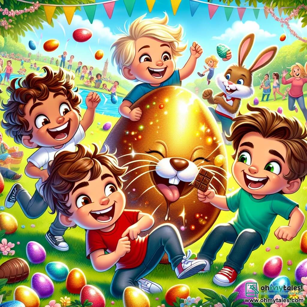 In a sunny park, four boys stand together, their faces lit up with excitement. Max, a 10-year-old with curly hair and a red t-shirt, points at a huge shiny chocolate egg rolling towards them. To his right, Leo, a 9-year-old with blonde hair and a mischievous smile, holds a piece of chocolate in his hand, eyes wide with joy. On the left, Jake, a 10-year-old with glasses and brown hair, laughs while pretending to have his ears pulled by a big stuffed rabbit. Finally, Sam, an 8-year-old with brown hair and a blue t-shirt, is buried under a pile of colorful eggs he just collected, grinning widely. The park is decorated with pastel balloons and floral garlands, with families enjoying themselves around them. Painted eggs of all colors are hidden in the green grass, while a large sign announces the Easter celebration. In the center, a big fountain sparkles in the sun, adding a magical touch to the festive atmosphere. The boys have just discovered the giant chocolate egg rolling towards them and are about to chase after it, filled with enthusiasm and determination, ready for an unforgettable adventure.