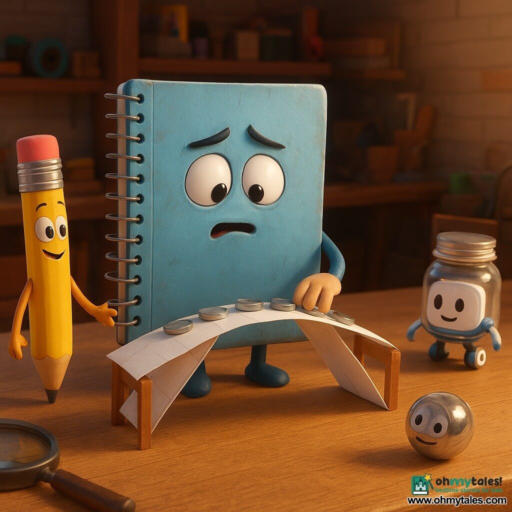 The main character is Nell, an anthropomorphic spiral-bound notebook with a slightly worn light-blue cover and drawn-on eyes, nervously then relieved, holding an open page showing paper-bridge diagrams; she sits on a wooden workbench with slightly crumpled pages and pencil marks, testing the bridge with a small paw-hand. Pip, a yellow pencil-sharpener with a pink eraser, stands beside her, smiling and tapping the page encouragingly. Jasper, a small glass jar filled with shiny metal washers with a lid-face, rolls confidently in front of the bridge. Dot, a small white-and-blue wheeled robot with a tray, stops in the background flashing green success lights and bringing staples and paperclips. Two worn wooden chairs form the bridge banks left and right, long shadows cast by golden window light. The warm workshop has light brick walls, cluttered shelves of colorful tools, sheets, tape and a magnifying glass in close-up reflecting the scene. The paper bridge spans the chairs with ten washers lined on top, bending slightly but holding—tension then success—with a soft joyful light and expressions of relief and pride on the characters.