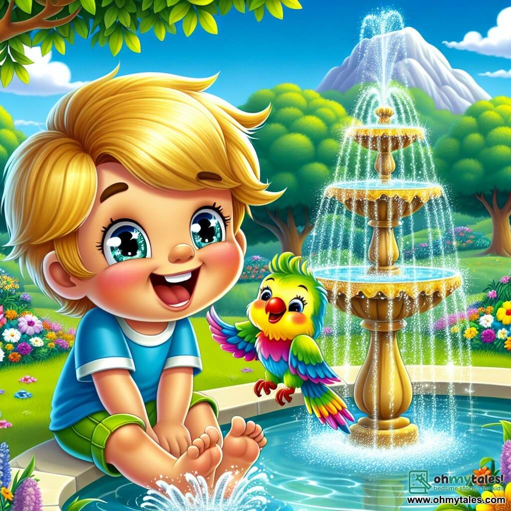 A 6-year-old boy named Leo, with bright eyes and golden hair, is sitting by a sparkling fountain, laughing heartily. He wears a blue t-shirt and colorful shorts, his cheeks flushed with excitement and joy. Next to him, a cheerful parakeet named Polly, with vibrant feathers, flies around him singing happily, adding a touch of magic to the scene. The setting is an enchanting garden filled with multicolored flowers dancing in the wind, with majestic trees providing shade. In the distance, a mountain rises under a clear blue sky dotted with fluffy clouds. The fountain, at the center of the garden, sprays sparkling water droplets that catch the sunlight, creating a delicate rainbow. The main scene shows Leo and Polly having fun together, splashing water from the fountain while laughing, symbolizing the discovery of friendship and happiness in life's little things.
