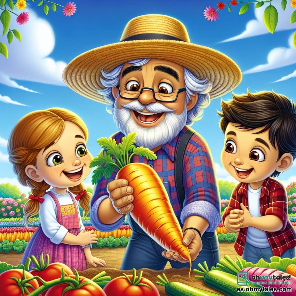 Un hombre sonriente, Don Pedro, de unos cincuenta años, lleva un amplio sombrero de paja y una camisa a cuadros rojos y azules. Está alegre y entusiasta, mostrando una gran zanahoria naranja que acaba de cosechar en su jardín. A su lado, una niña llamada Ana, de 8 años, con trenzas y un vestido amarillo, mira la zanahoria con ojos desorbitados, maravillada por su tamaño. Un niño llamado Luis, de 7 años, que lleva una gorra roja, se acerca para tocar la zanahoria, sonriendo con curiosidad. La escena tiene lugar en un jardín soleado, lleno de hileras de verduras coloridas: tomates rojos, calabacines verdes y rábanos rosas, bajo un cielo azul claro salpicado de algunas nubes blancas. Flores multicolores bordean el jardín, añadiendo un toque de magia al entorno. La situación principal muestra a Don Pedro explicando a los niños cómo cultivar verduras, mientras comparte su pasión por la agricultura, rodeado de risas y descubrimientos alegres.