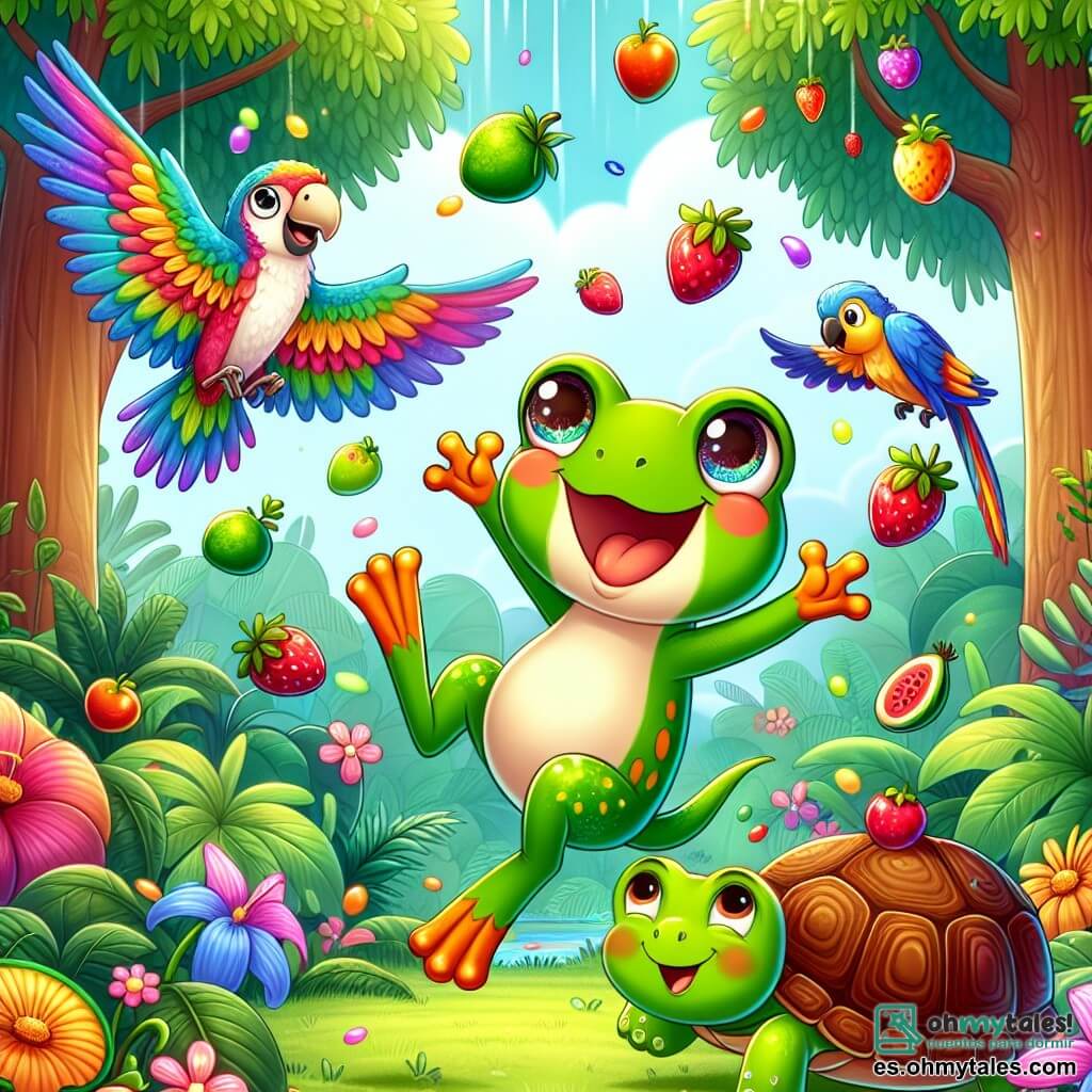 Una rana llamada Rina, con piel verde brillante y ojos redondos y chispeantes, está en el centro de la imagen, saltando alegremente con una gran sonrisa en su rostro, rodeada de frutas coloridas que caen del cielo. A su derecha, un loro de plumas vivas, Lolo, con una expresión divertida, vuela en círculos, con las alas desplegadas, mientras canta. A la izquierda, una tortuga llamada Tula, con un caparazón marrón y ojos dulces, observa con asombro, levantando las patas para atrapar una fresa que cae. Al fondo, una jungla exuberante llena de grandes árboles de troncos gruesos, flores brillantes y hojas verdes, crea un ambiente mágico. La escena representa un momento de pura felicidad donde Rina y sus amigos celebran una lluvia de frutas, riendo y jugando juntos bajo un cielo azul salpicado de nubes blancas.