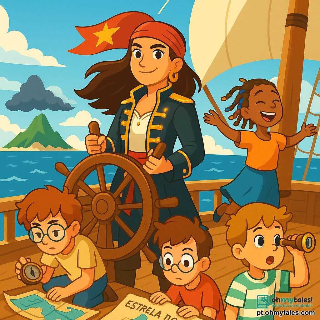 A Capitã Valentina, uma mulher corajosa de vinte e poucos anos, se destaca orgulhosamente no convés do navio Estrela do Mar. Com longos cabelos castanhos ao vento, um lenço vermelho na cabeça e uma jaqueta de pirata brilhante ao sol, seu rosto expressa determinação e seus olhos brilham de excitação. Ao seu lado, Pablo, um garoto de 15 anos com cabelos bagunçados e óculos redondos, examina uma bússola com intensa concentração, enquanto está agachado perto do leme, cercado por cartas náuticas. Mayra, uma menina de 14 anos com tranças coloridas, dança alegremente perto das velas, sorrindo e trazendo leveza ao ambiente. Timóteo, um menino de 10 anos, observa o céu com admiração, segurando um pequeno telescópio, pronto para identificar possíveis perigos. O cenário é um vasto oceano azul, com ondas cintilantes sob um céu ensolarado, enquanto o majestoso navio navega em direção a uma ilha misteriosa no horizonte, cercada por nuvens escuras e ameaçadoras. A cena principal mostra Valentina determinada a escolher o caminho certo no velho mapa, enquanto a tensão aumenta a bordo, pois os Irmãos Tempestade podem surgir a qualquer momento.