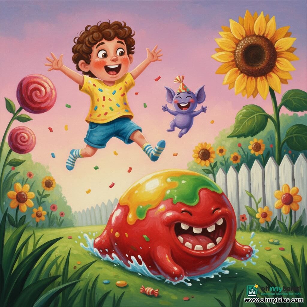 A 4-year-old boy with a round face, curly brown hair and bright brown eyes, joyful with an open-mouthed grin, mid-jump after biting a large multicolored candy, wearing a yellow confetti-stained t-shirt, blue shorts and striped socks, arms out like an airplane; beside him floats Jibber, a tiny purple creature with big ears, sparkling eyes and a candy-paper hat, laughing and pointing at a distant monster; the Jellybean Monster is huge, round and amorphous with glossy red-yellow-green gelatinous textures and a wide mouth of sugar teeth, rolling toward them in a comic but slightly menacing way; the exuberant garden has giant watercolor-like flowers, a huge sunflower they hid in, a white picket fence, thick green grass and a pink-purple late-afternoon sky, with scattered broken candies on the ground; vivid acrylic painting style with visible brushstrokes, saturated colors, soft outlines, rounded shapes and a whimsical humorous mood.