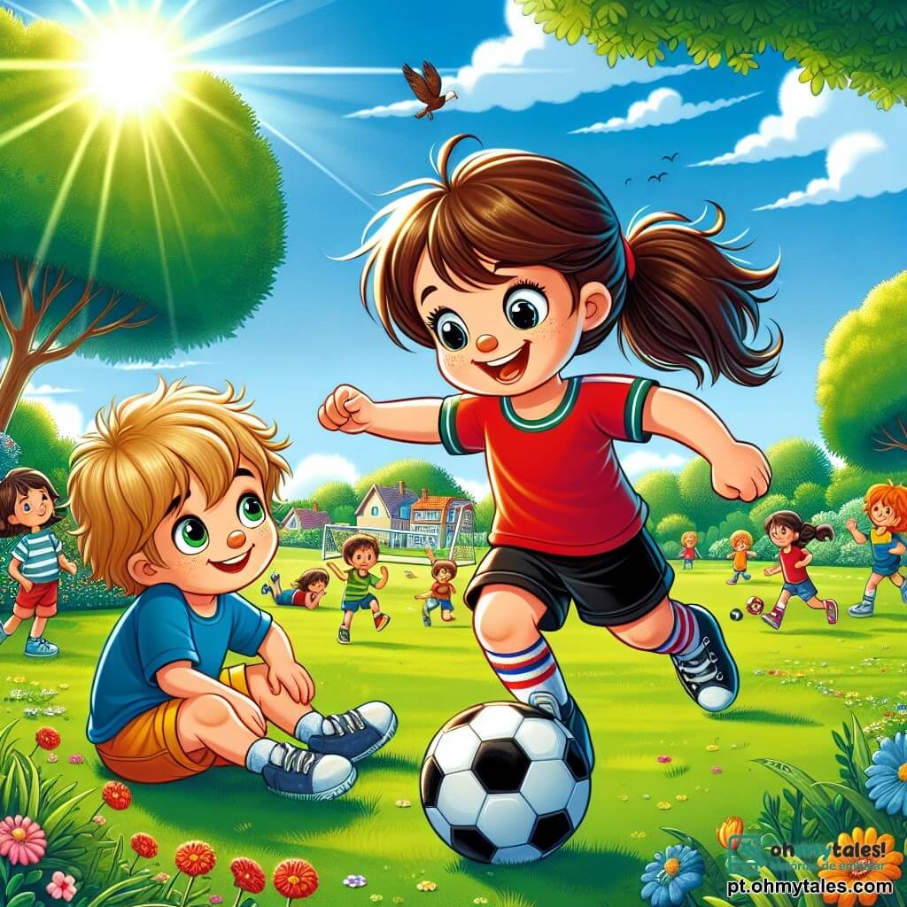 A história se passa em um parque ensolarado, com árvores verdes e um céu azul claro. No centro da imagem, Lúcia, uma menina de 10 anos, está driblando uma bola de futebol com um grande sorriso no rosto. Ela tem cabelos castanhos presos em um rabo de cavalo, veste uma camisa vermelha e um short preto, e parece cheia de energia e determinação. Ao lado dela, Pedro, um menino de 9 anos, está sentado na grama, com os olhos brilhando de admiração. Ele tem cabelos loiros bagunçados e usa uma camiseta azul e um short amarelo. Ele observa Lúcia com entusiasmo, pronto para aprender a jogar futebol. Ao fundo, o parque está cheio de outras crianças brincando e rindo, com flores coloridas e um pequeno grupo de árvores que adicionam um toque de natureza. A cena transmite uma atmosfera alegre e amigável. O foco principal mostra Lúcia ensinando Pedro a driblar a bola, enquanto o sol brilha e os pássaros cantam, simbolizando a amizade e a diversão do jogo.