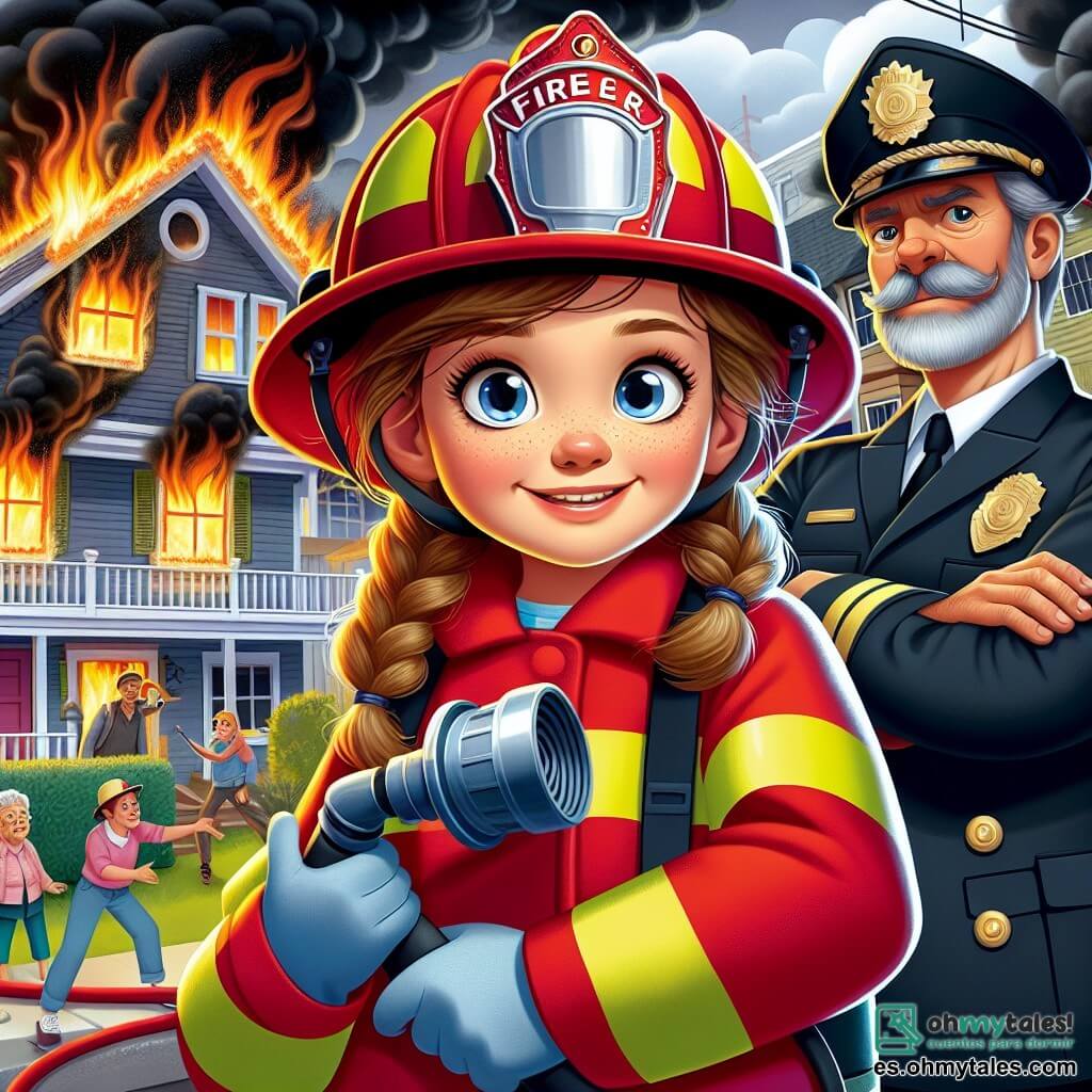 Clara, una niña de doce años, lleva un uniforme de bombero rojo brillante, un casco brillante en la cabeza y una sonrisa decidida en el rostro. Sus ojos brillan de emoción mientras sostiene una gran manguera de incendios, lista para apagar un fuego. A su lado, el capitán Ramírez, un hombre de mediana edad con una imponente figura y barba canosa, observa con orgullo, con los brazos cruzados, listo para dar instrucciones. Al fondo, la casa de la señora Pérez está rodeada de humo negro, mientras llamas naranjas bailan en las ventanas, creando una atmósfera de tensión y urgencia. La escena tiene lugar en un barrio residencial, con árboles verdes y casas coloridas, contrastando con el caos del fuego. Clara, llena de valor, se prepara para entrar en la casa y salvar al pequeño gato de la señora Pérez, ilustrando su heroísmo y dedicación.