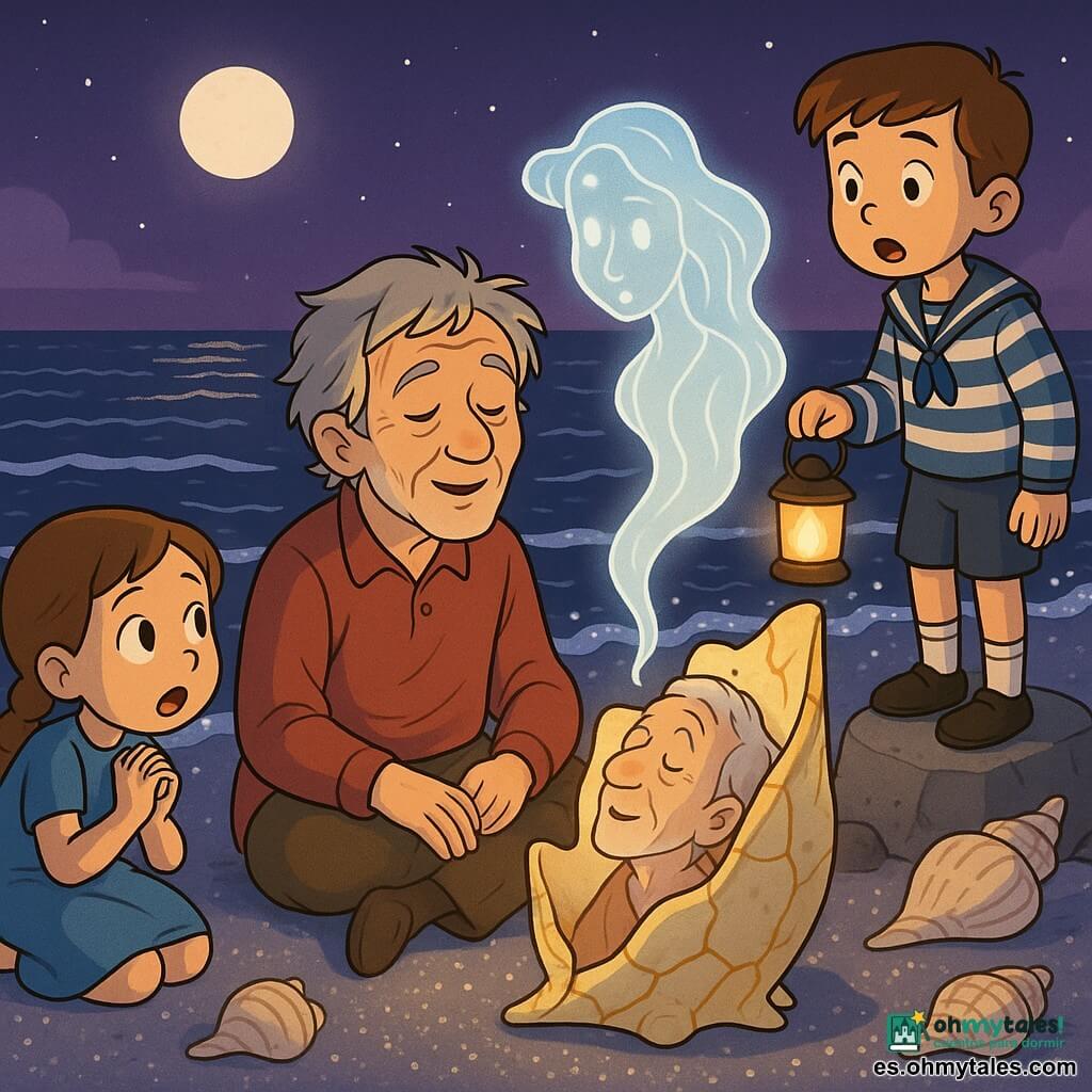 Un hombre llamado Nereo, de rostro curtido y cabellos canosos, sentado en la arena plateada de una playa lunar, canta en susurros con expresión serena; delante de él una gran concha en forma de trono emite una voz visible: una nube luminosa, perlada y translúcida con contornos fluidos, la concha parece antigua y agrietada con vetas doradas; a la izquierda una niña de unos 8 años, con vestido azul y trenzas, agachada y maravillada, y a la derecha un niño de unos 10, con pantalón corto y suéter marinero, de pie sobre una piedra baja y sosteniendo una pequeña linterna que ilumina el rostro de Nereo; la playa brilla como estrellas trituradas, olas negras con franjas plateadas dejan pequeñas luces, hay conchas gigantes dispersas y un cielo crepuscular violeta con un débil resplandor de luna; es un momento tranquilo y mágico en el que el hombre canta para despertar un antiguo eco, con luz suave, atmósfera mística y cálida, énfasis en la escucha y los rostros iluminados por la concha luminosa.