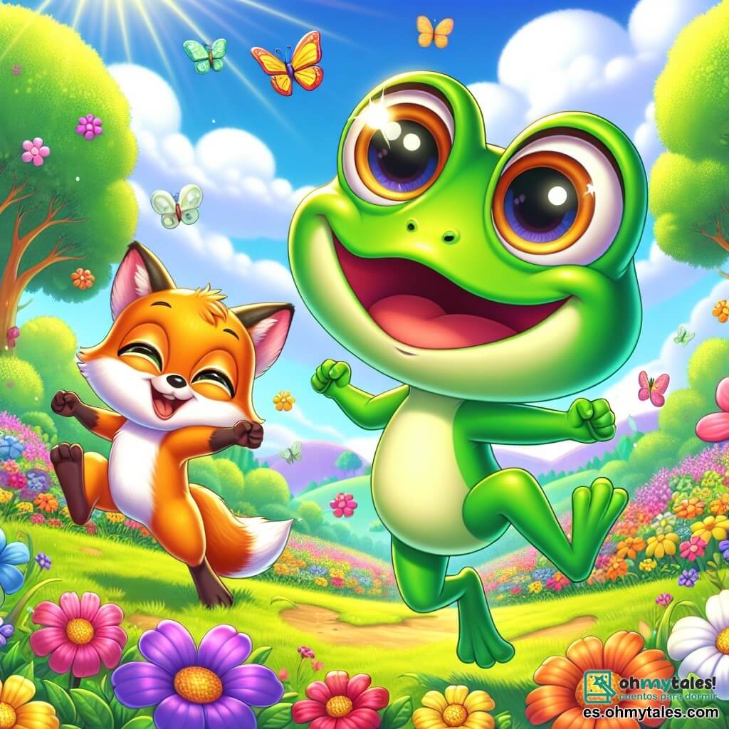 Un joven renacuajo llamado Rufi, con piel verde brillante y grandes ojos curiosos, salta de alegría en un claro soleado, rodeado de flores coloridas. Su sonrisa radiante muestra su emoción por la fiesta de primavera. A su lado, un pequeño zorro de pelaje naranja brillante, llamado Zorri, baila alegremente, moviendo su cola esponjosa con entusiasmo. Sus ojos brillan de felicidad mientras invita a Rufi a unirse a la danza. El claro está lleno de flores multicolores, con mariposas revoloteando y majestuosos árboles al fondo, cuyas hojas son de un verde vibrante. El cielo es de un azul radiante, salpicado de nubes blancas y esponjosas. La escena representa a Rufi y Zorri celebrando la alegría de la primavera, rodeados de otros animales que se divierten, en un ambiente festivo y colorido, simbolizando la amistad y la belleza de la naturaleza.