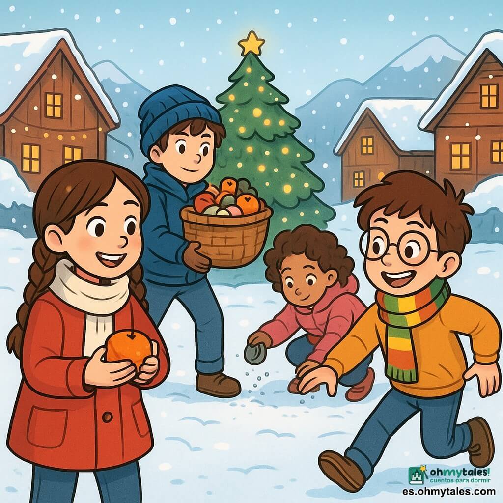 Hay 4 niños: - Clara: Una niña de 10 años, con largos cabellos trenzados y un abrigo rojo brillante, sonríe felizmente sosteniendo una mandarina. - Mateo: Un niño de 11 años, con cabello castaño despeinado y un gorro azul, está de pie con una cesta de mimbre llena de dulces, con una mirada decidida. - Inés: Una niña de 9 años, con cabello corto y rizado, lleva una chaqueta rosa y está agachada esparciendo sal en el camino para evitar el hielo, con una expresión concentrada. - Tomás: Un niño de 10 años, con gafas redondas y una sonrisa traviesa, viste una bufanda a rayas y hace un gesto cómico como si estuviera patinando sobre la nieve, justo al lado de Clara. La escena principal tiene lugar en una pequeña plaza del pueblo, rodeada de casas de madera con techos cubiertos de nieve. Luces brillantes adornan el gran árbol de Navidad en el centro, mientras los copos de nieve caen suavemente, creando una atmósfera mágica y cálida. Los niños se preparan para llevar una cesta llena de dulces a una anciana que vive en una colina, riendo juntos y apoyándose mutuamente, mientras tienen cuidado de no resbalar en el suelo nevado, llenos de emoción y buen humor.