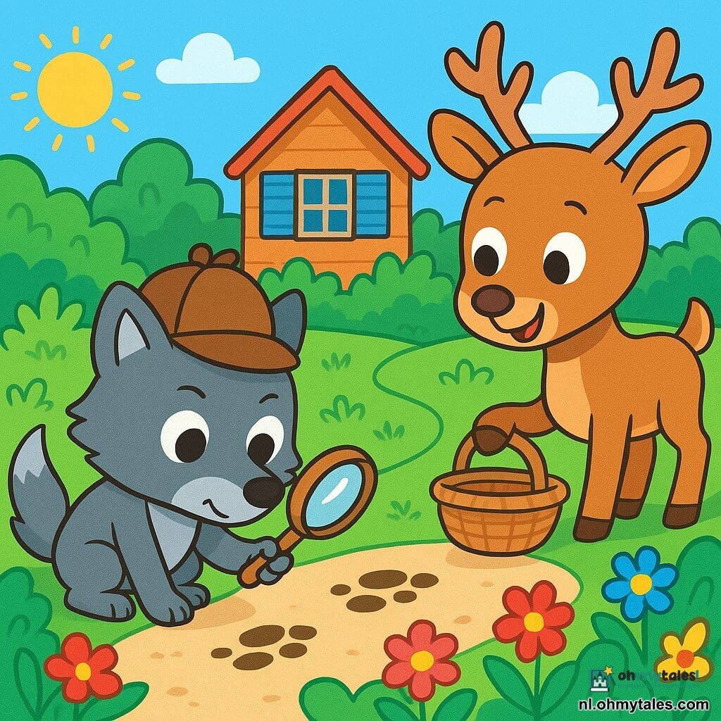Een kleine detectivewolf, met een bruin vilten hoed en een houten vergrootglas, kijkt aandachtig naar de grond met heldere, nieuwsgierige ogen. Zijn vacht is zacht en grijs, en hij heeft een geconcentreerde en vastberaden uitdrukking. Naast hem staat een grote lichtbruine hert met grote ronde ogen en een vriendelijke glimlach, die een kleine rieten mand vasthoudt. Hij lijkt enthousiast en nieuwsgierig, en leunt iets voorover om beter te zien wat de wolf heeft ontdekt. De scène speelt zich af in een charmante zonnige tuin, vol kleurrijke bloemen, weelderige struiken en een klein grindpad. Op de achtergrond is een mooi houten huis met blauwe luiken te zien. De kleine wolf en het grote hert onderzoeken vochtige voetafdrukken op de grond, omringd door stralende bloemblaadjes, terwijl ze proberen het mysterie van de zeepgeur in de lucht op te lossen.