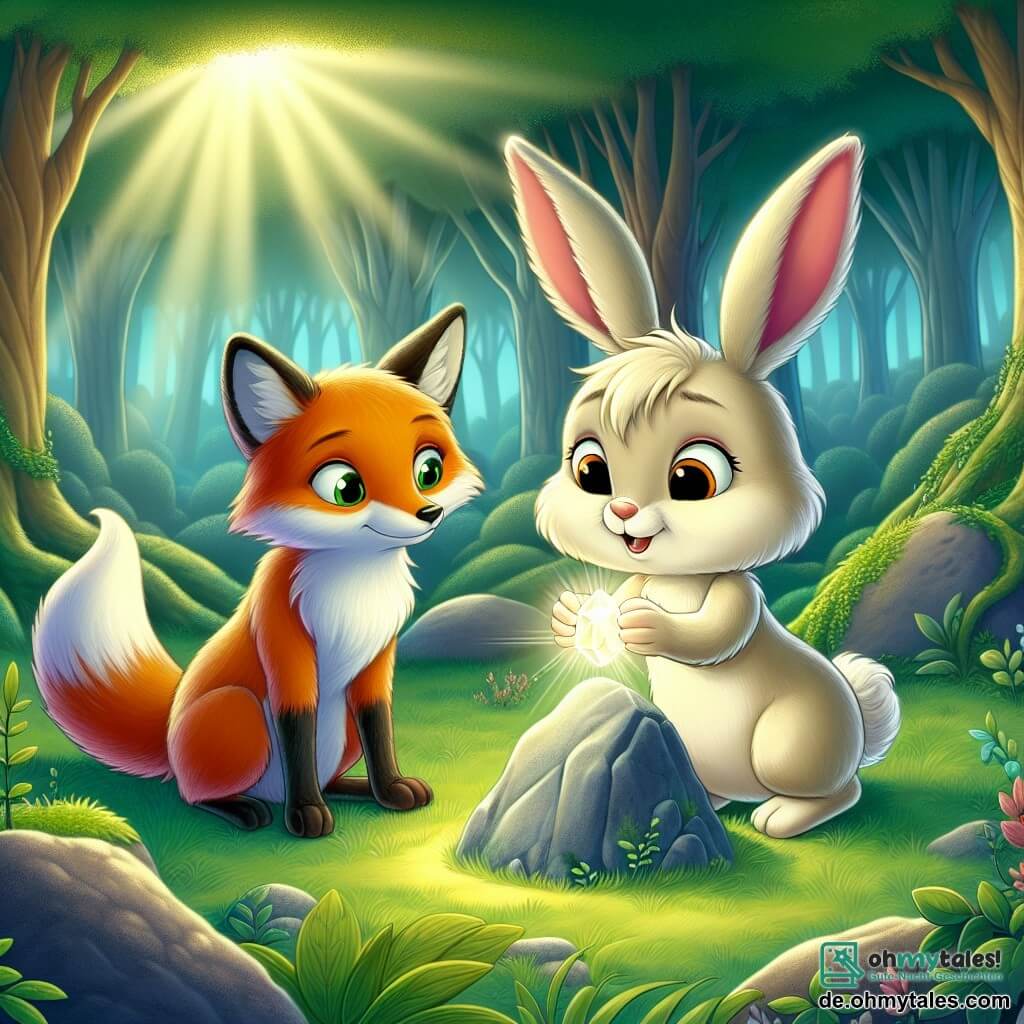 Ein kleiner Hase namens Hoppel mit weichem, seidigem cremefarbenem Fell und langen, hängenden Ohren steht im Mittelpunkt der Szene. Seine großen, glänzenden Augen drücken Staunen und Entschlossenheit aus, während er vorsichtig einen wunderschönen leuchtenden Stein, den "Stein der Weisheit", berührt. Neben ihm beobachtet ein schlauer, leuchtend orangefarbener Fuchs mit buschigem Schwanz ihn ermutigend von einem kleinen Hügel aus. Im Hintergrund erstreckt sich ein dichter, geheimnisvoller Wald mit majestätischen Bäumen und strahlend grünen Blättern, durch die Sonnenstrahlen filtern und die Lichtung erhellen, auf der der Hase steht. Die Szene vermittelt eine magische und freundliche Atmosphäre und zeigt den Moment, in dem Hoppel die Kraft von Freundschaft und Weisheit entdeckt.