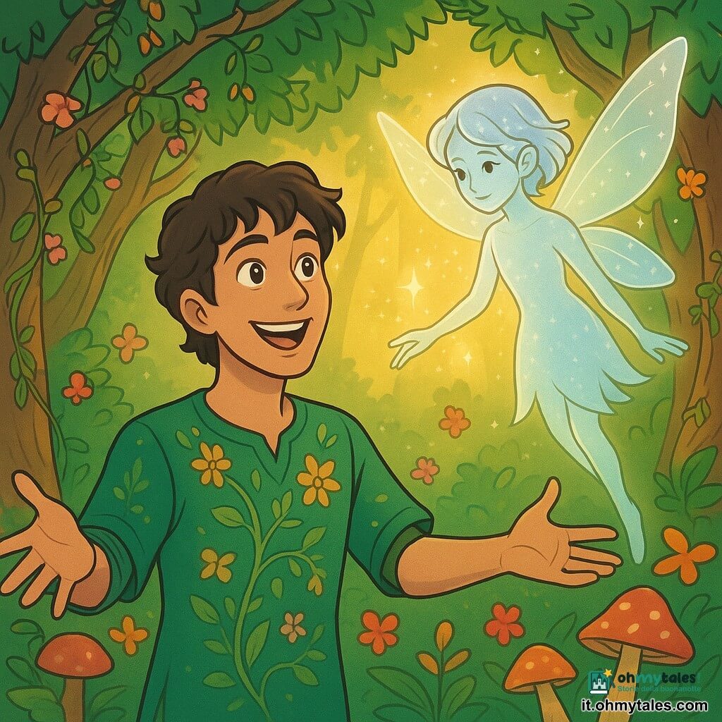 Elio, un uomo di circa trent'anni con capelli castani ondulati e occhi brillanti di curiosità, si trova al centro della scena, con un sorriso radioso che illumina il suo volto. Indossa una tunica verde decorata con motivi floreali e ha le braccia aperte, come se stesse accogliendo la magia della foresta. Accanto a lui, una creatura misteriosa, un essere fatato con ali scintillanti e pelle luminescente, fluttua nell'aria. Ha capelli argentati che brillano come stelle e uno sguardo saggio, osservando Elio con benevolenza. Lo sfondo è una foresta incantata, con alberi maestosi ricoperti di liane fiorite e funghi colorati. Raggi di luce dorata filtrano attraverso il fogliame, creando un'atmosfera magica e calorosa. La scena principale mostra Elio mentre riceve il dono della luce eterna dalla creatura fatata, mentre una dolce melodia sembra emanare dai fiori che danzano intorno a loro, riempiendo l'aria di un'atmosfera gioiosa e incantata.