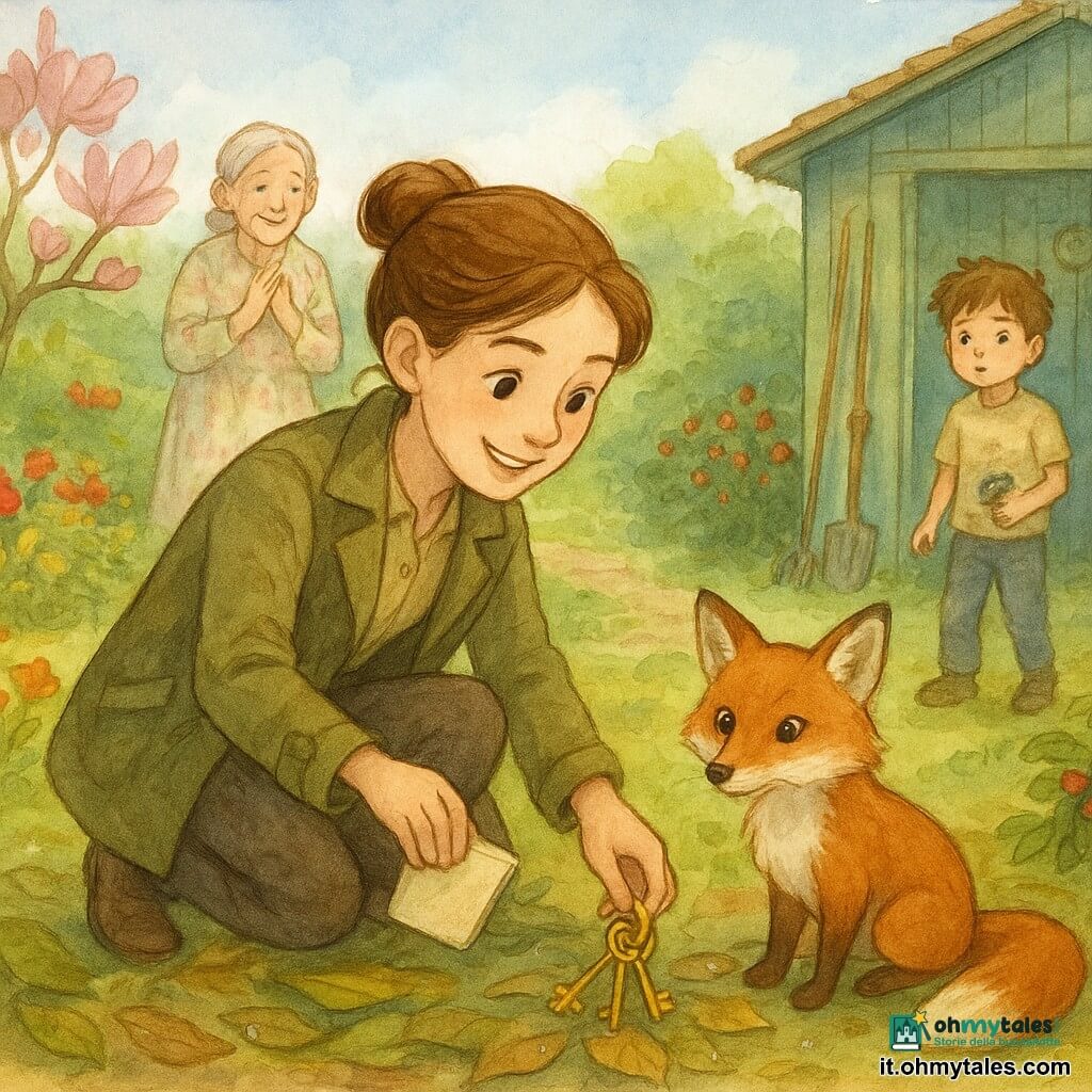 Rita, una detective sorridente e concentrata con capelli castani raccolti in uno chignon, giunge inginocchiata a raccogliere un mazzo di chiavi lucenti nascosto tra foglie umide che una volpe dal manto rosso e la coda folta sembra aver indicato; sullo sfondo la signora Rosa, circa 75 anni, dal viso rugoso ma dolce e vestita di fantasia, sorride sollevata vicino alla porta della sua casetta, mentre Marco, un bimbo di circa 8 anni con capelli scuri spettinati e pantaloni sporchi, osserva curioso tenendo un giocattolo rotto; il giardino è vivace con aiuole fiorite, una magnolia rosa, un sentiero in terra e un piccolo capanno verde, atmosfera calda e luminosa con gocce d'acqua sulle foglie.