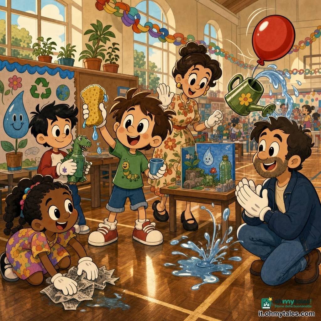 Un bambino di 6 anni, allegro ma concentrato, tiene una spugna bagnata e una piccola coppetta di plastica, capelli castani spettinati, maglietta verde con un bruco, mostra la spugna con un gesto esplicativo; dietro di lui una maestra sui 30–40 anni, sorridente con capelli raccolti e abito floreale, lo incoraggia con la mano alzata; a destra in primo piano un papà di 35–45 anni, affettuoso con barba corta, in jeans e giacca, applaude guardando il figlio con orgoglio; a sinistra accovacciata Luisa, 6 anni con trecce e vestito colorato, tampona una pozza con fogli di giornale sorridendo; vicino a un pannello espositivo Marco, 6 anni con capelli neri e una macchia di colla sulla mano, tiene un piccolo dinosauro riciclato; la scena si svolge in una palestra trasformata in esposizione con parquet lucido, tavoli con poster colorati, piante sui davanzali e bandierine di carta: il bambino dimostra come risparmiare acqua quando un palloncino urta un annaffiatoio che rovescia un filo d’acqua, suscitando reazioni di squadra, gesti rapidi e un’atmosfera calda ed educativa.