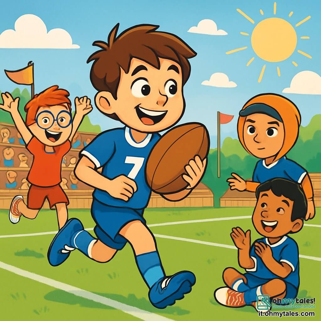 Ci sono 4 bambini: - Andrea: un ragazzo di 10 anni, con capelli castani disordinati e occhi scintillanti, indossa una maglietta di rugby blu con il numero 7 e corre sorridendo, tenendo la palla ovale in mano. - Marco: un ragazzo di 9 anni, piccolo e vivace, con capelli rossi e occhiali, indossa pantaloni corti rossi e scarpe bianche, è appena dietro Andrea, saltando di gioia con le braccia alzate. - Luca: un ragazzo di 10 anni, alto e magro, con un cappuccio arancione in testa, ha uno sguardo determinato e indossa una maglietta di rugby blu come Andrea, è di lato, pronto a ricevere la palla. - Samir: un ragazzo di 10 anni, con capelli neri e occhi brillanti, indossa una maglietta di rugby blu ed è seduto a terra, ridendo e applaudendo i suoi amici. La scena si svolge su un grande campo da rugby verde, circondato da tribune di legno piene di genitori e amici, con un cielo blu e alcune nuvole bianche, il sole brilla illuminando i volti felici dei bambini. Andrea corre verso la linea di meta con la palla di rugby stretta contro di lui, mentre Marco e Luca lo incoraggiano entusiasti. Samir, seduto a lato, applaude e sorride, creando un'atmosfera di amicizia e gioia.