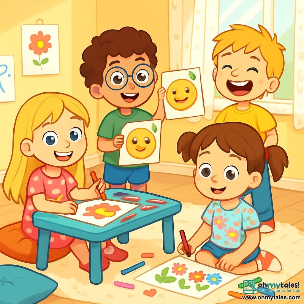 There are 4 children: - Lily: a 6-year-old girl with long blonde hair and sparkling blue eyes. She wears a pink dress with white polka dots and is sitting at a small table, smiling widely while holding a colored pencil. - Max: a 6-year-old boy with curly brown hair and round glasses. He wears a green t-shirt and blue shorts, standing next to Lily, drawing a pancake with smiling eyes. - Emma: a 6-year-old girl with brown hair in two pigtails. She wears a floral blouse and is sitting on the floor, surrounded by crayons, drawing colorful flowers on her paper. - Jack: a 6-year-old boy with messy blonde hair and a big smile. He wears a yellow t-shirt and jeans, standing behind Emma, laughing and holding a paper with a drawing of a cookie. The main setting is a bright little living room with pastel yellow walls. There is a large fluffy rug on the floor, colorful cushions scattered around the table, and sunlight streaming through lace curtains. On the wall, children's drawings are hung, adding a cheerful touch to the atmosphere. The main situation shows the children creating colorful letters for Mother's Day. They are surrounded by crayons, shiny papers, and stickers, with radiant smiles on their faces, filled with excitement and joy.