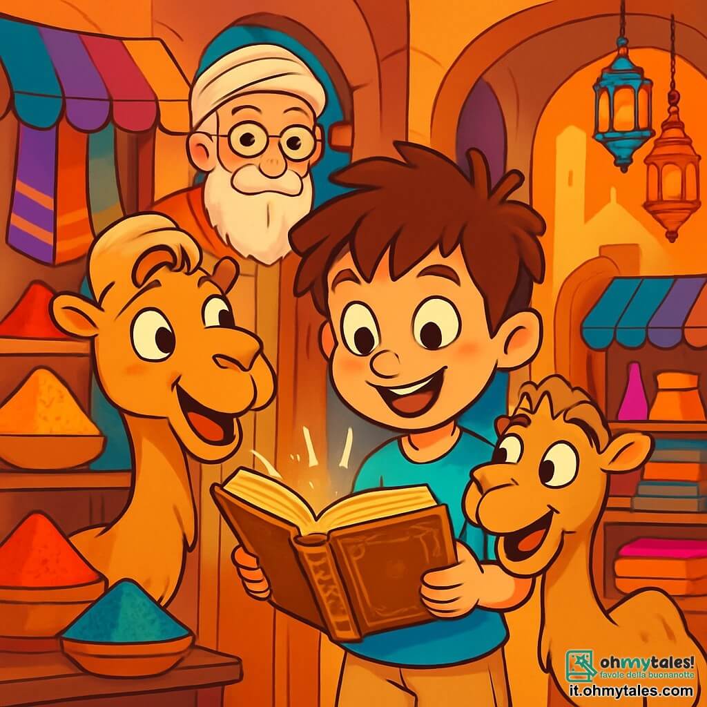 Un ragazzo di 8 anni, di nome Luca, con capelli castani disordinati e occhi pieni di curiosità, si trova al centro dell'immagine, con un grande sorriso sul volto. Indossa una maglietta blu brillante e pantaloni corti beige, tenendo un libro antico con pagine dorate tra le mani, gli occhi spalancati per lo stupore. Accanto a lui, il suo peluche cammello, Karim, con un pelo morbido e occhi maliziosi, sembra parlargli con entusiasmo, aggiungendo un tocco di magia alla scena. Sullo sfondo, un vecchio libraio, un uomo anziano con una lunga barba bianca e occhiali rotondi, si trova vicino a uno scaffale pieno di libri colorati, osservando Luca con un sorriso benevolo. Il decor è un souq animato di Dubai, con bancarelle colorate stracolme di spezie, tessuti vivaci e lanterne scintillanti, creando un'atmosfera vibrante e calda. La scena principale mostra Luca che scopre un libro antico che sembra brillare alla luce, mentre Karim, il cammello, lo incoraggia a esplorare i segreti che contiene. L'immagine cattura l'emozione e la magia della scoperta, circondata da colori vivaci e dettagli incantevoli.