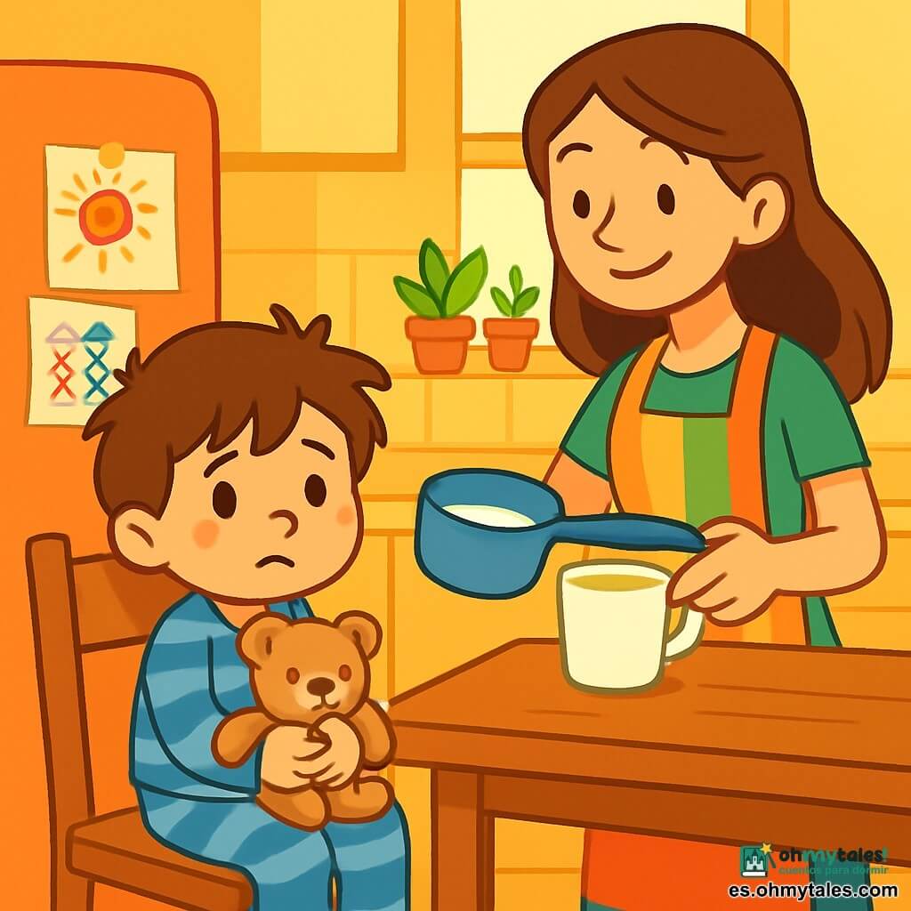 Un niño de 4 años, Lucas, con cabello castaño desordenado y ojos brillantes, está sentado en una silla de cocina de madera. Tiene un aire un poco triste pero valiente, con una leve sonrisa. Lleva un pijama azul a rayas y sostiene un osito de peluche contra él. A su lado, su mamá, una mujer de unos treinta años con cabello largo y castaño, prepara una taza de leche caliente en la encimera. Lleva un delantal colorido y sonríe tiernamente a Lucas. El entorno es una cocina acogedora, con paredes amarillas y ventanas que dejan entrar la luz del sol. Hay una mesa de madera con dibujos de niños pegados en el frigorífico y plantas verdes en el alféizar de la ventana. La situación principal muestra a Lucas, aunque enfermo, escuchando atentamente a su mamá mientras se acurruca contra su osito, listo para pasar un día tranquilo en casa.